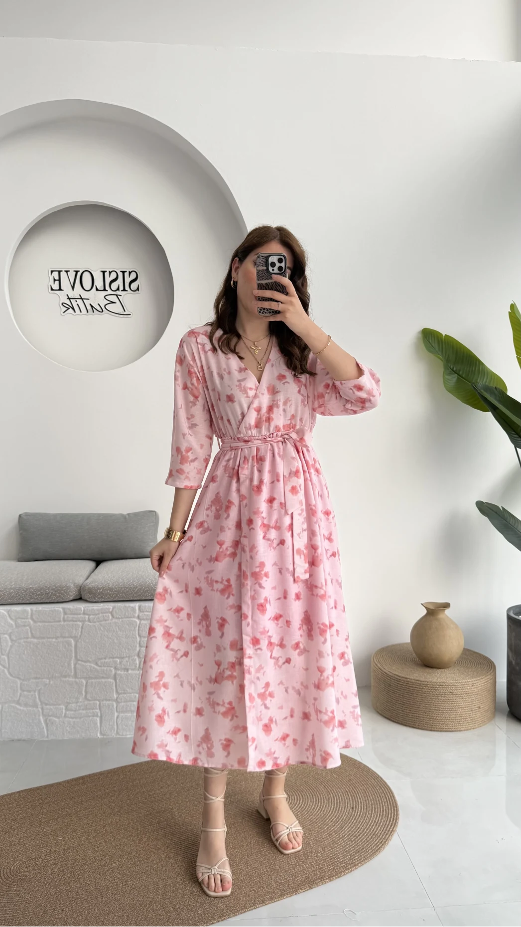 Forrest - Çiçek Detaylı Astarlı Elbise - Pembe - 3039