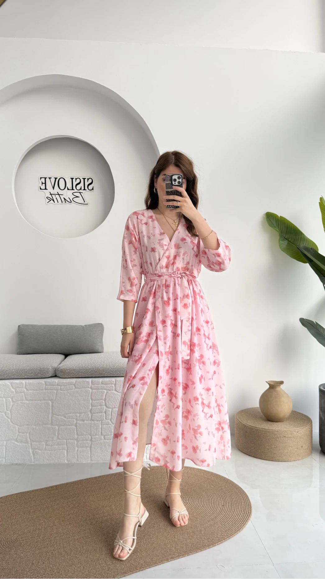 Forrest - Çiçek Detaylı Astarlı Elbise - Pembe - 3039