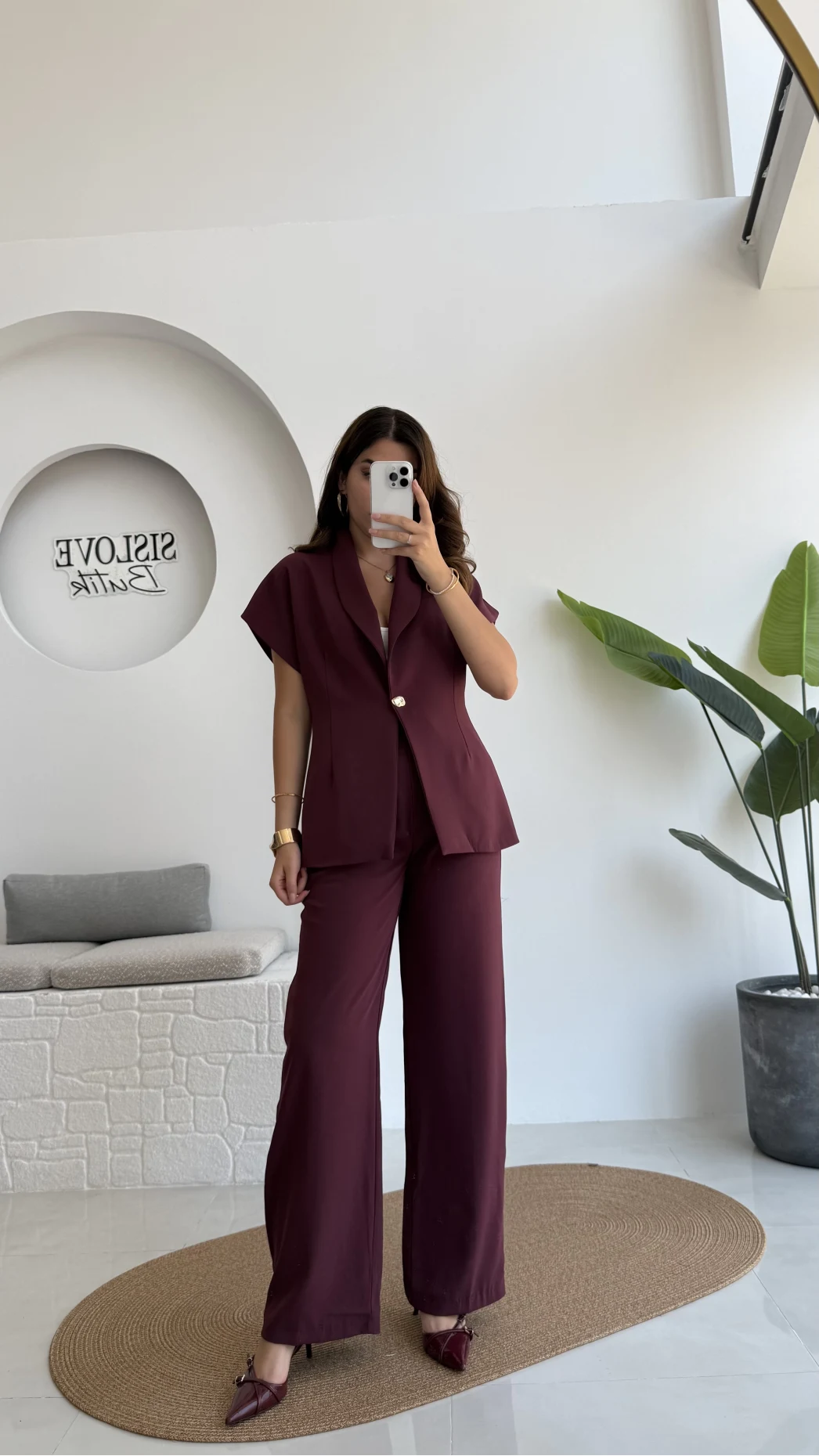 Fragile Şal Yaka Yelek Pantolon Takım - Bordo - Kod: 8789