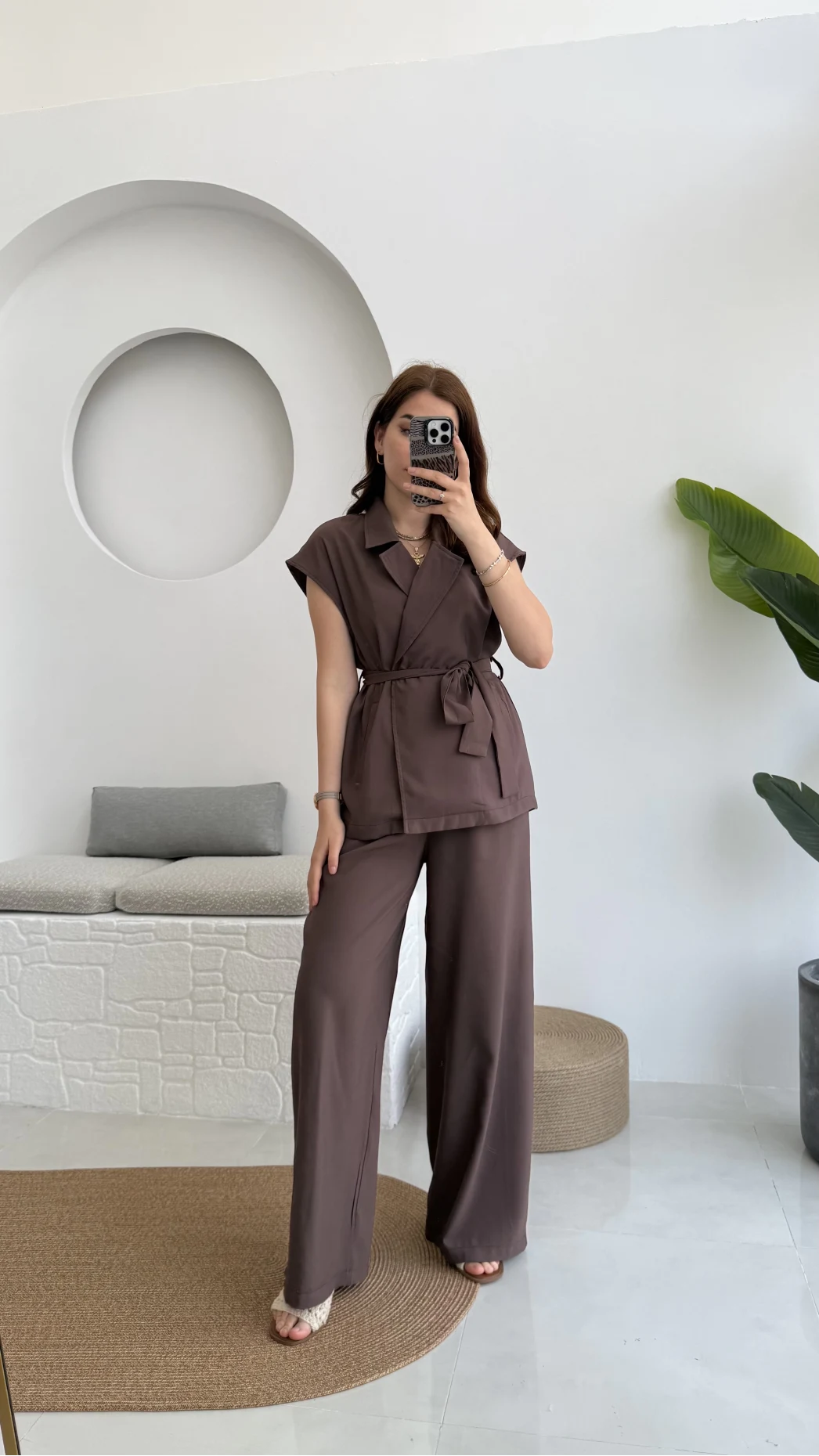 Frondi Tensel Kahve Yelek Kuşaklı Takım KOD:3789