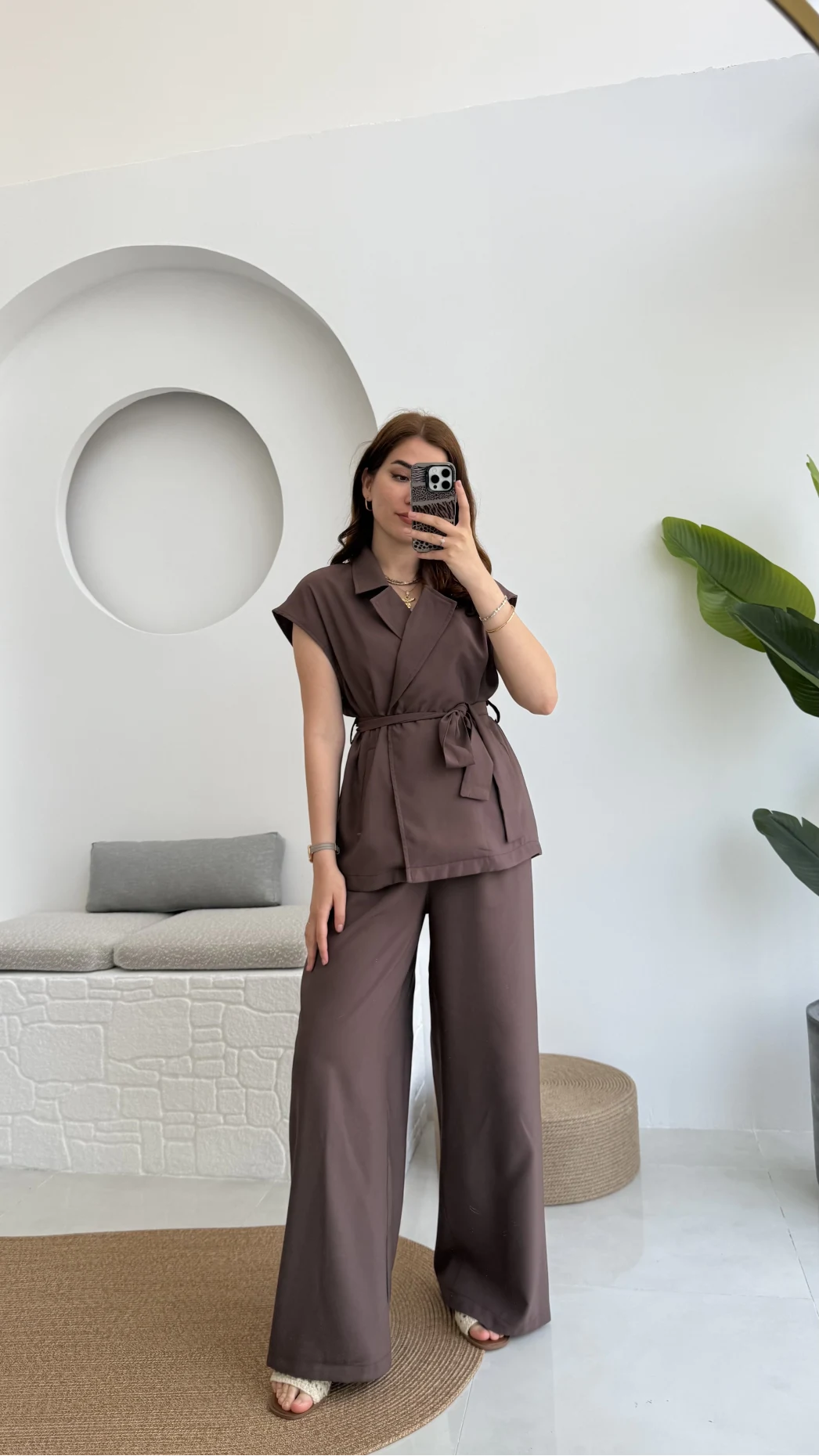 Frondi Tensel Kahve Yelek Kuşaklı Takım KOD:3789