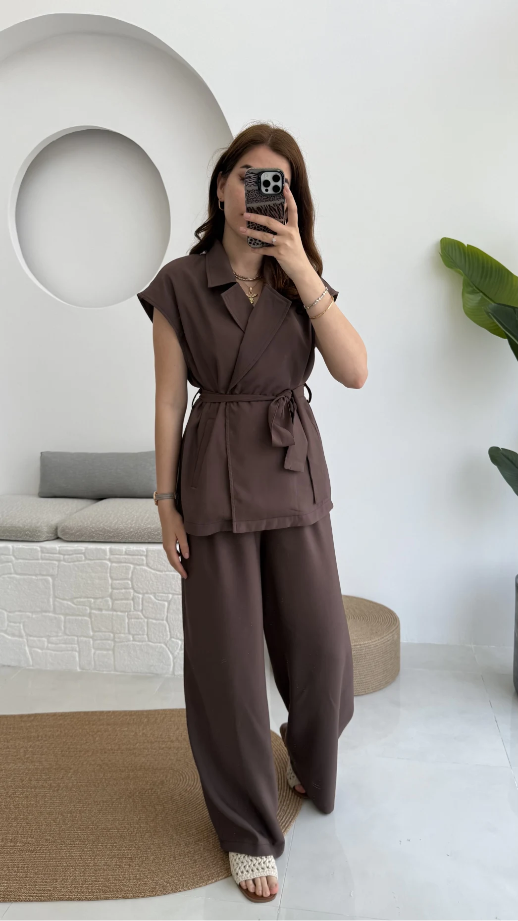 Frondi Tensel Kahve Yelek Kuşaklı Takım KOD:3789