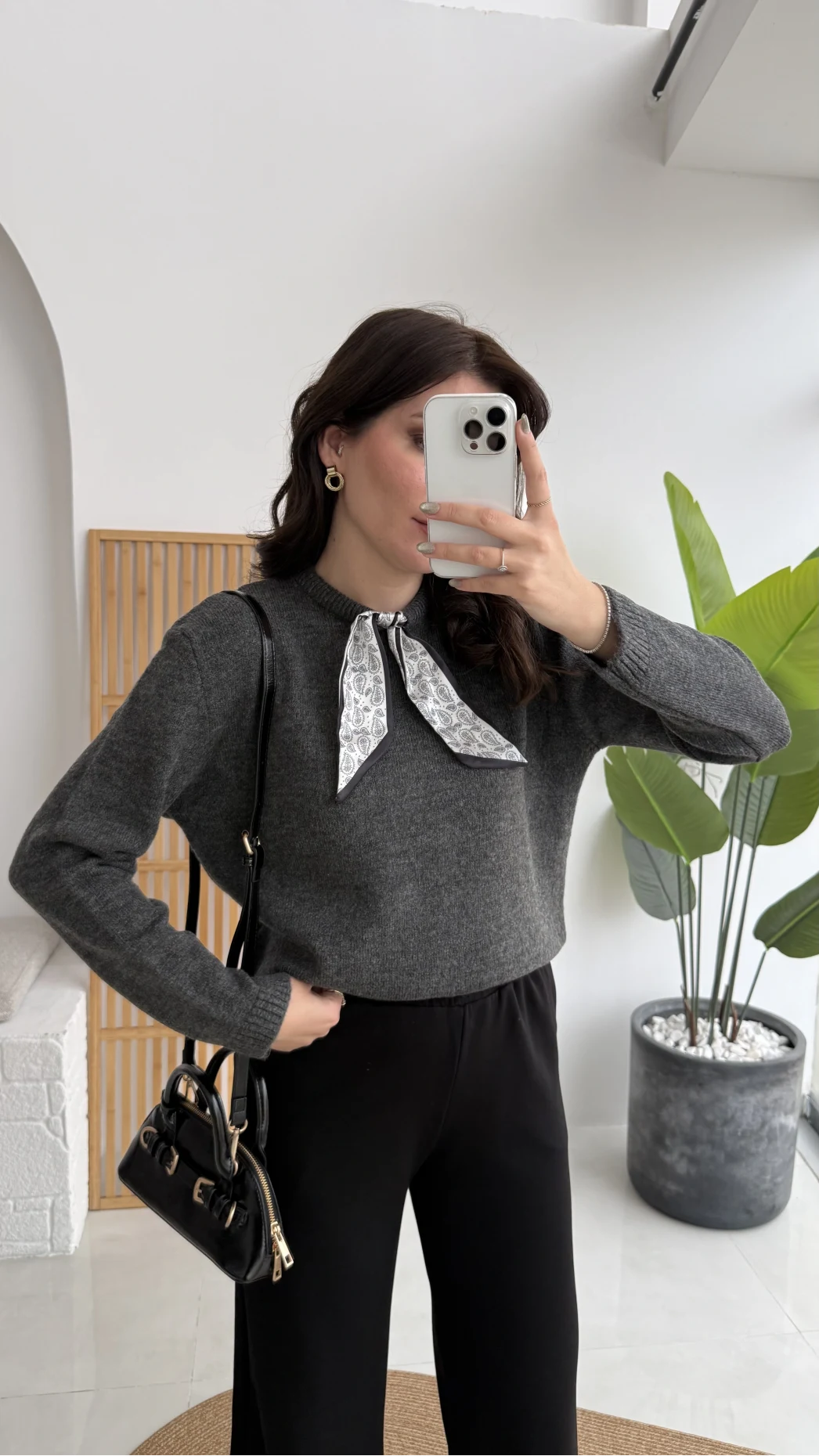 Fular Bağlamalı Uzun Kol Kazak - Antrasit