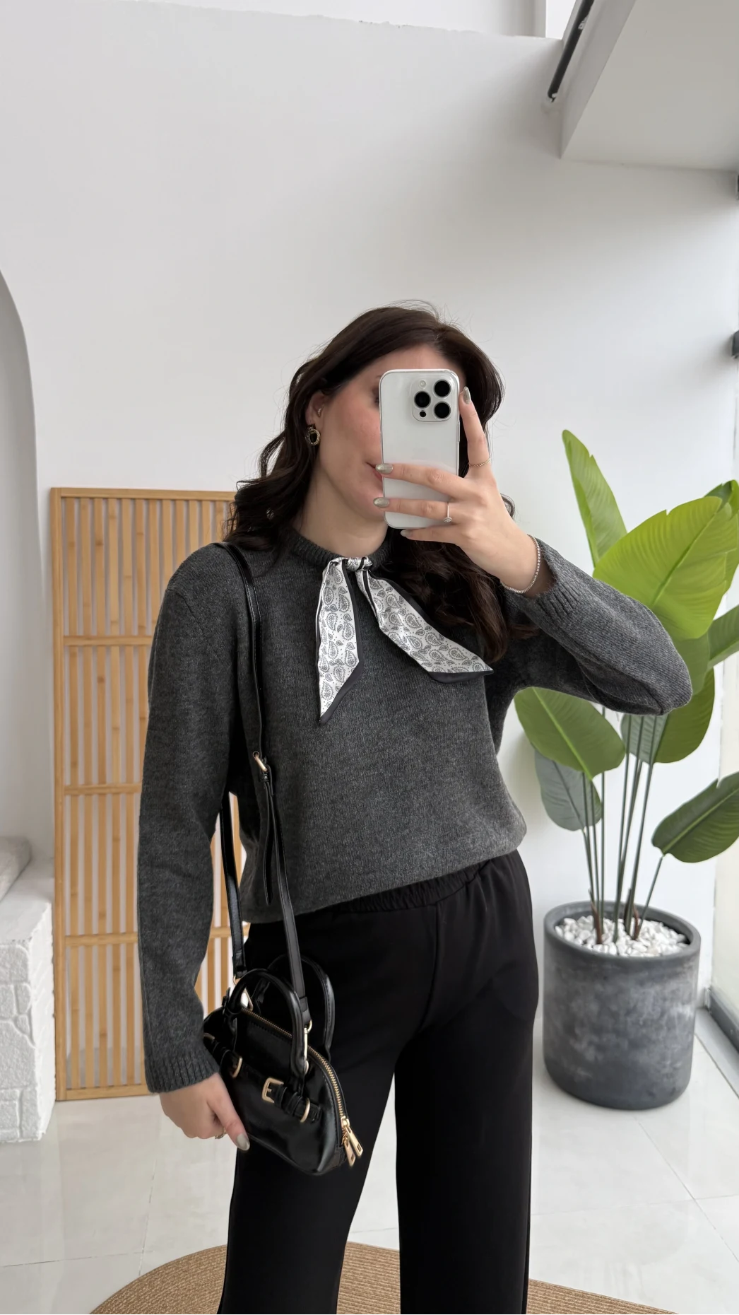 Fular Bağlamalı Uzun Kol Kazak - Antrasit