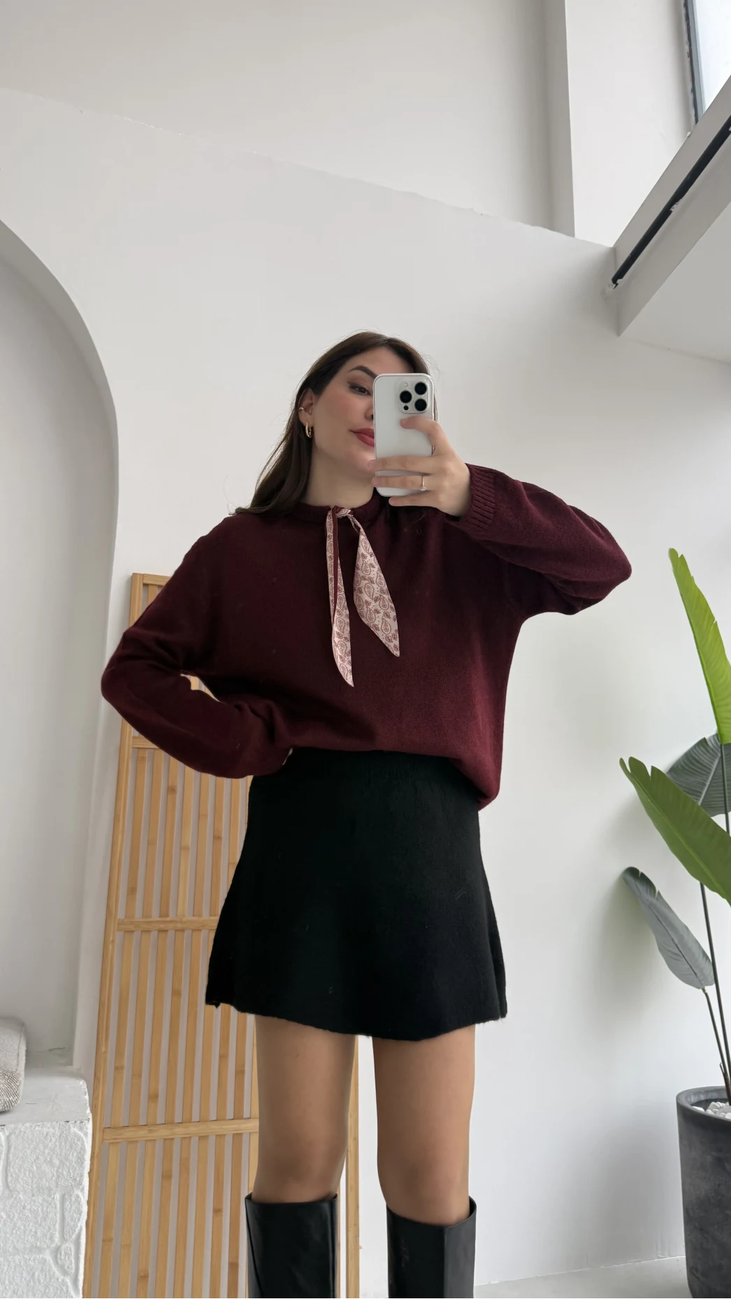 Fular Bağlamalı Uzun Kol Kazak - Bordo