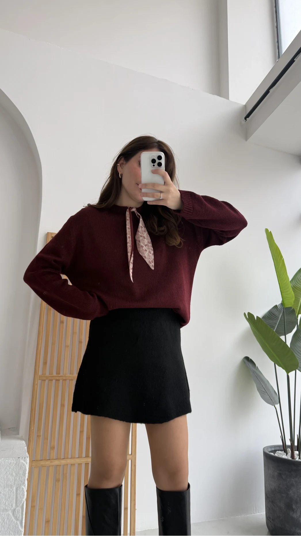 Fular Bağlamalı Uzun Kol Kazak - Bordo