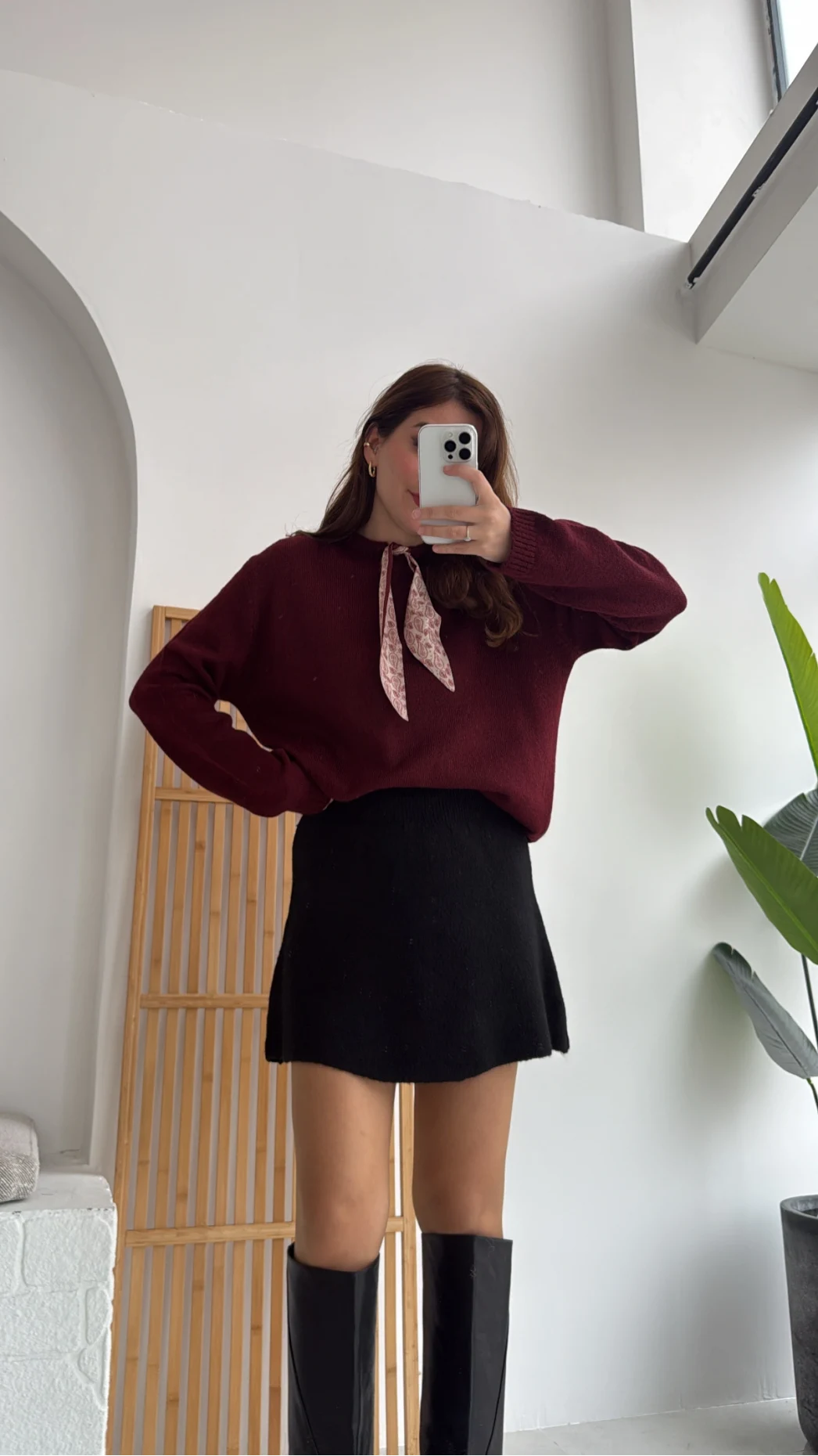 Fular Bağlamalı Uzun Kol Kazak - Bordo