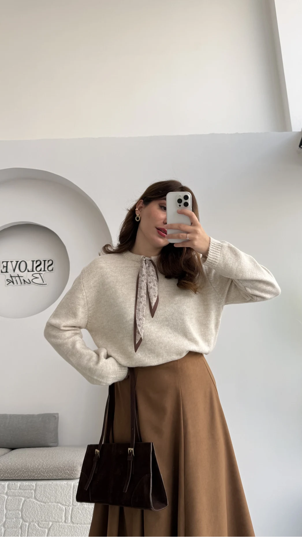 Fular Bağlamalı Uzun Kol Kazak - Ekru