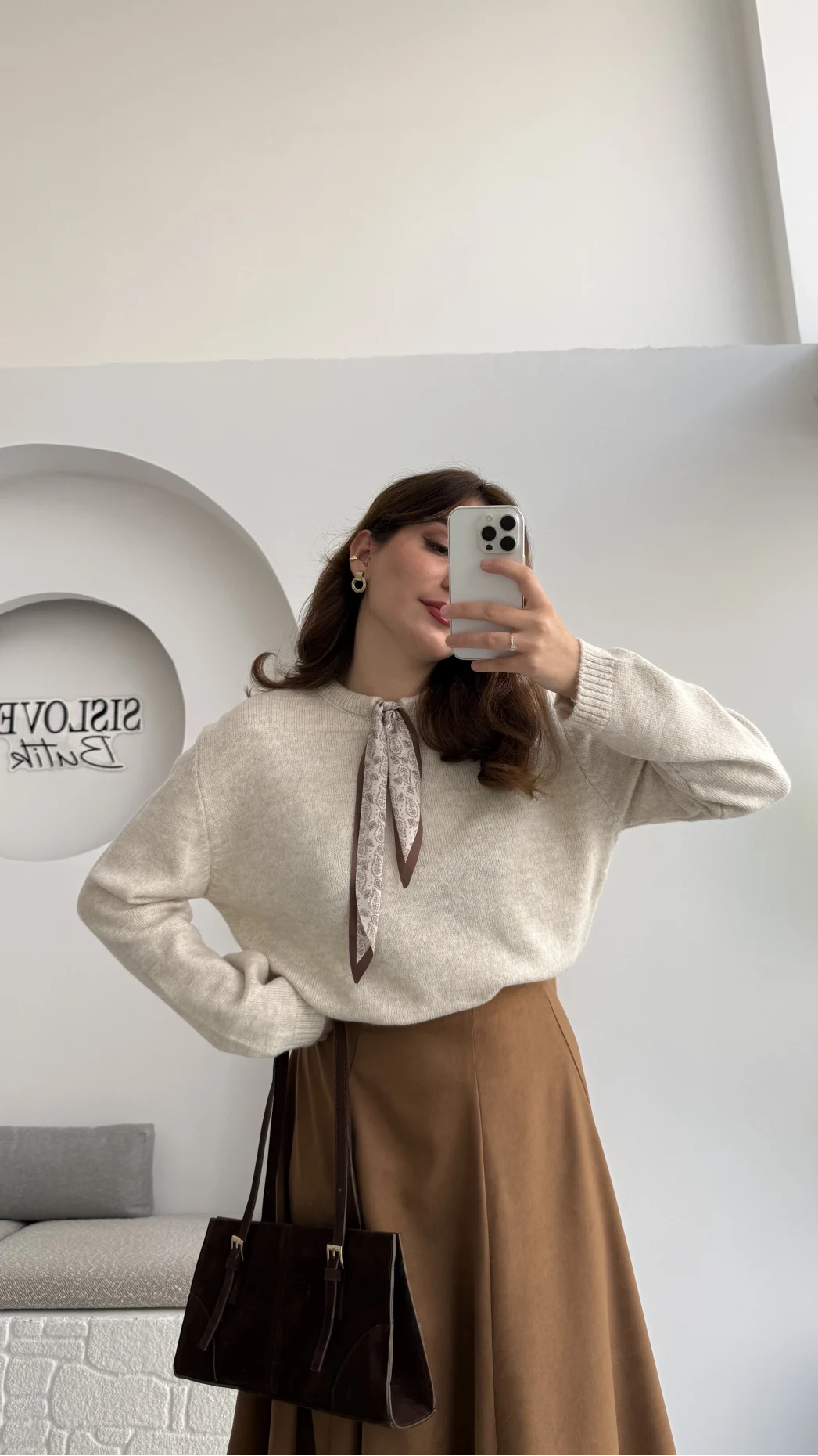 Fular Bağlamalı Uzun Kol Kazak - Ekru