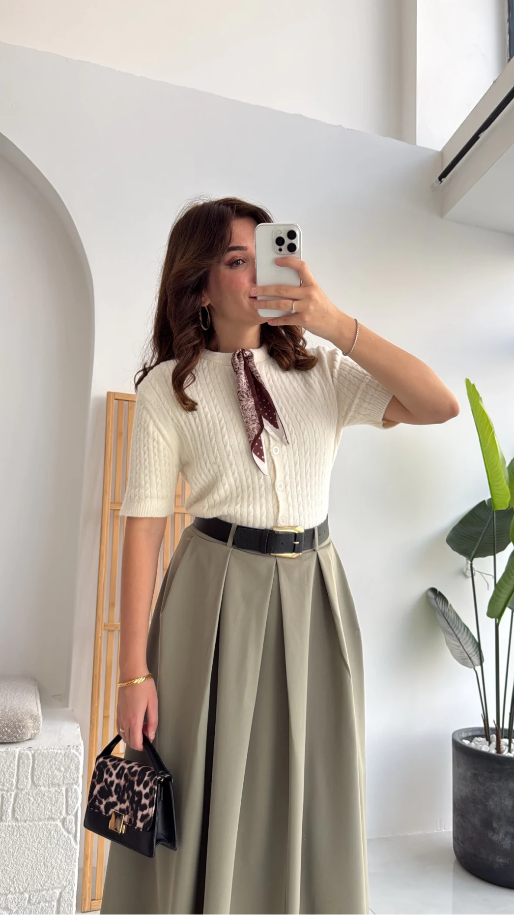 Fularlı Saç Örgü Hırka - Ekru