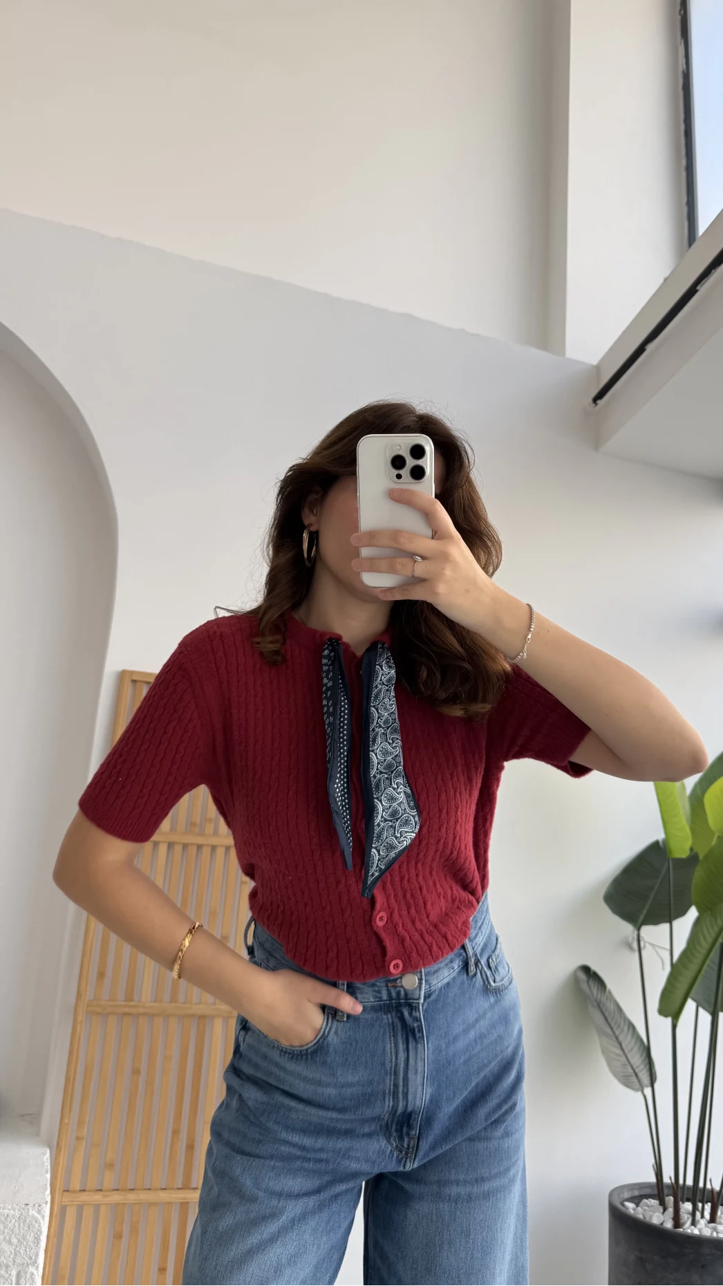 Fularlı Saç Örgü Hırka - Kırmızı