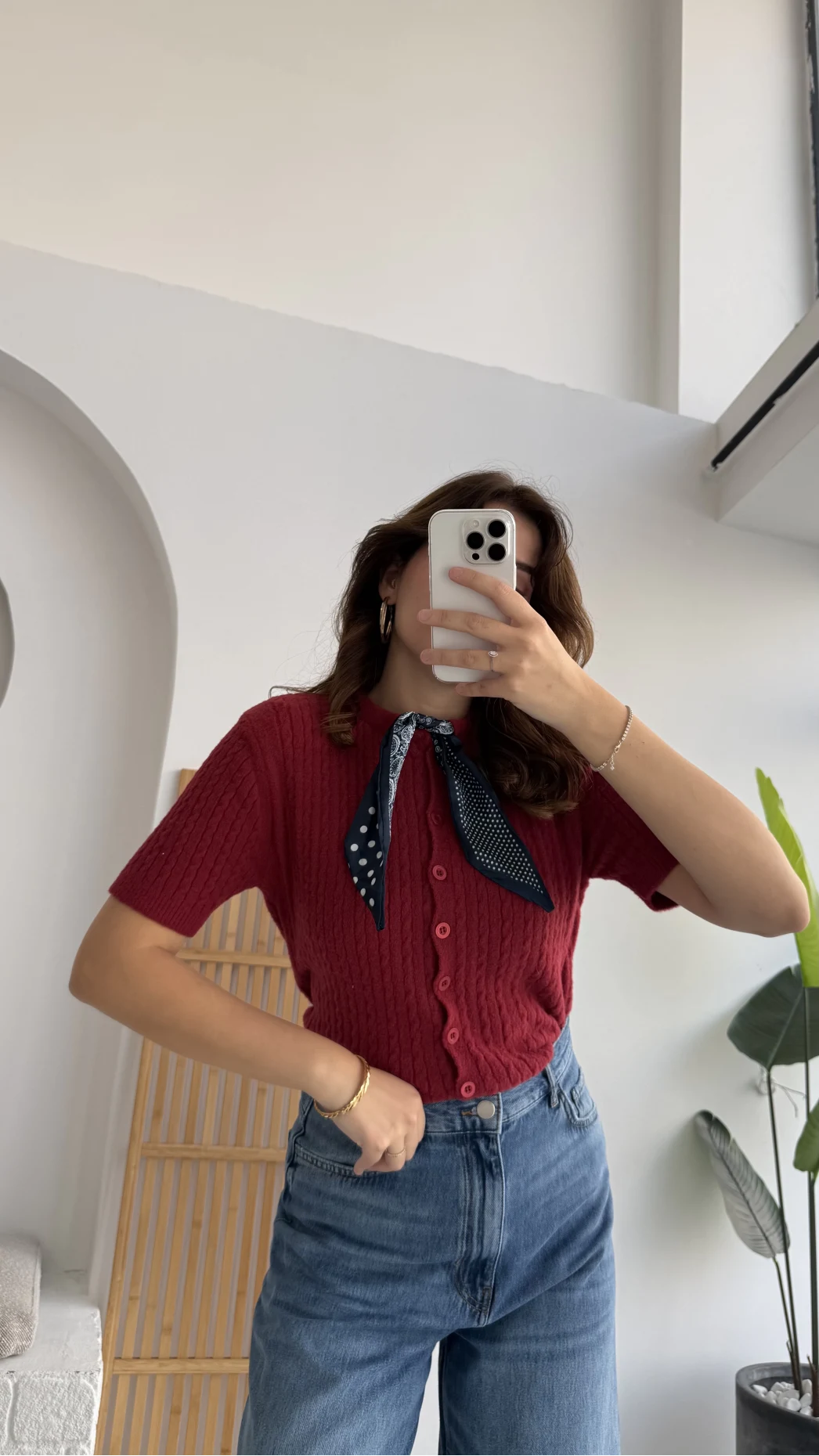 Fularlı Saç Örgü Hırka - Kırmızı