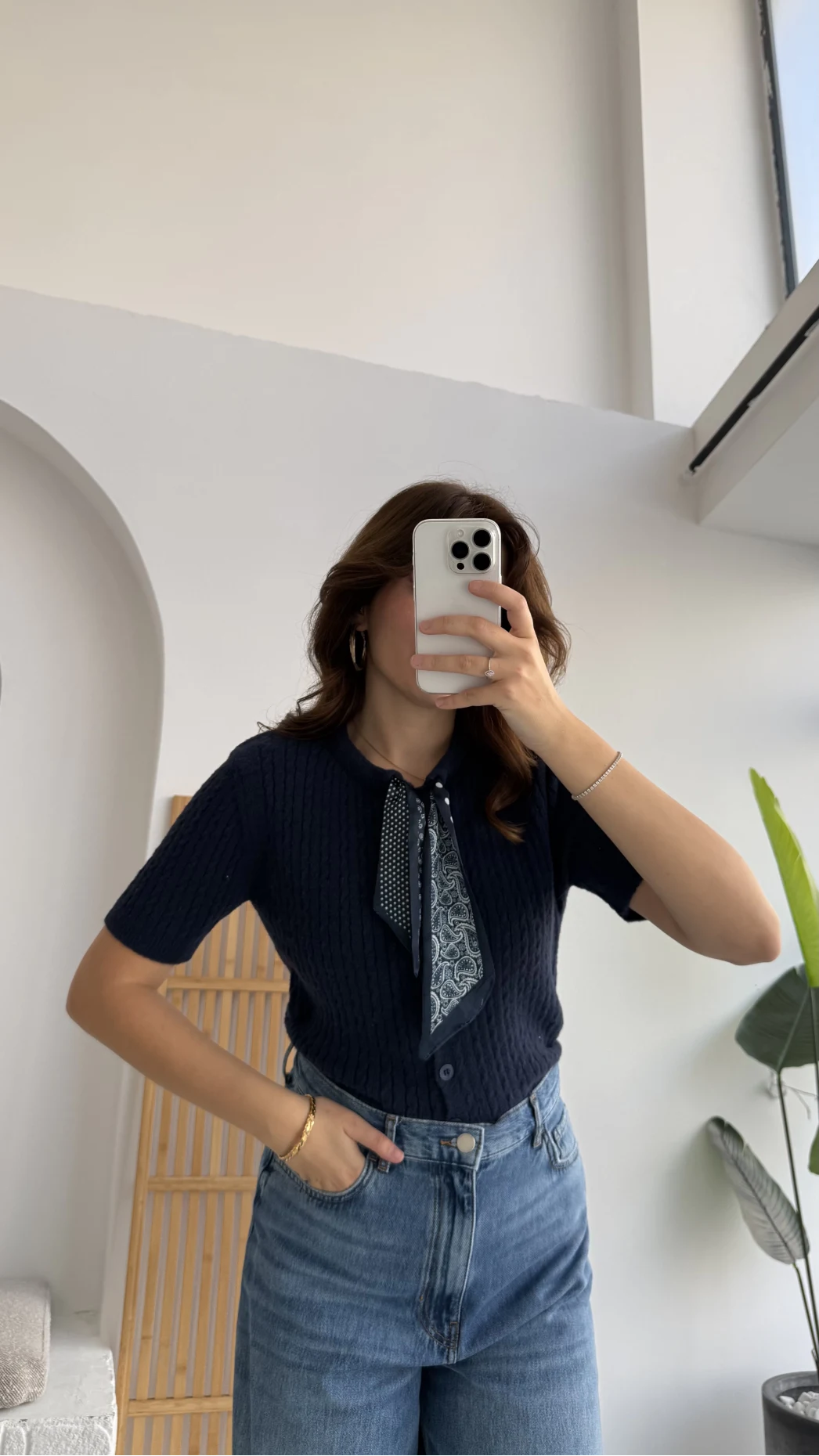 Fularlı Saç Örgü Hırka - Lacivert