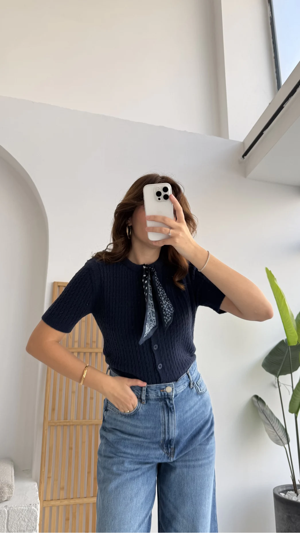 Fularlı Saç Örgü Hırka - Lacivert