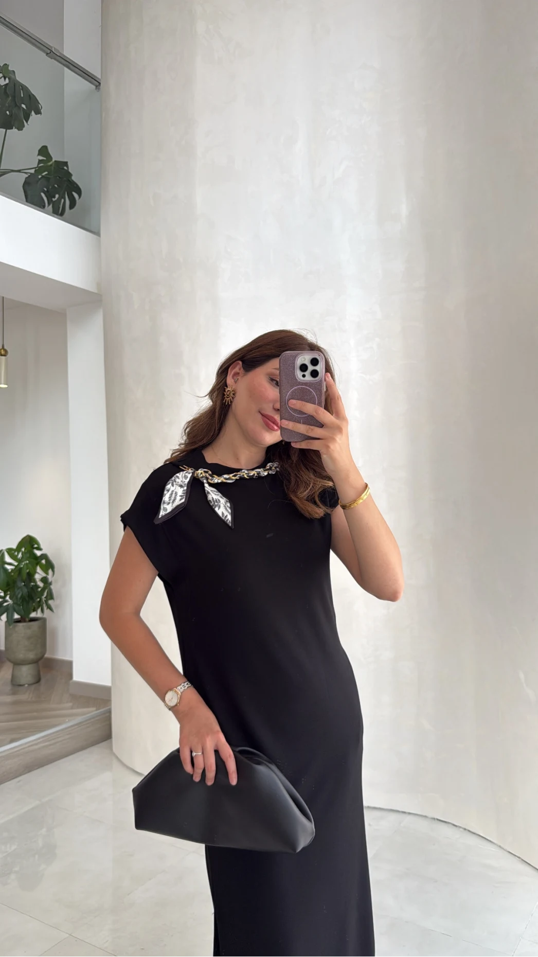 Fularlı Zincir Detay Elbise - Siyah - Kod: 4163