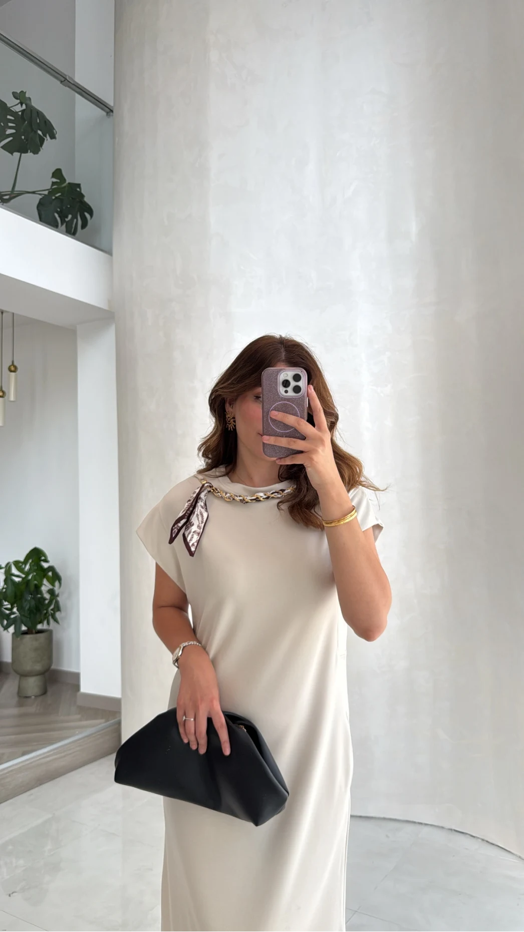 Fularlı Zincir Detay Elbise - Taş - Kod: 4163