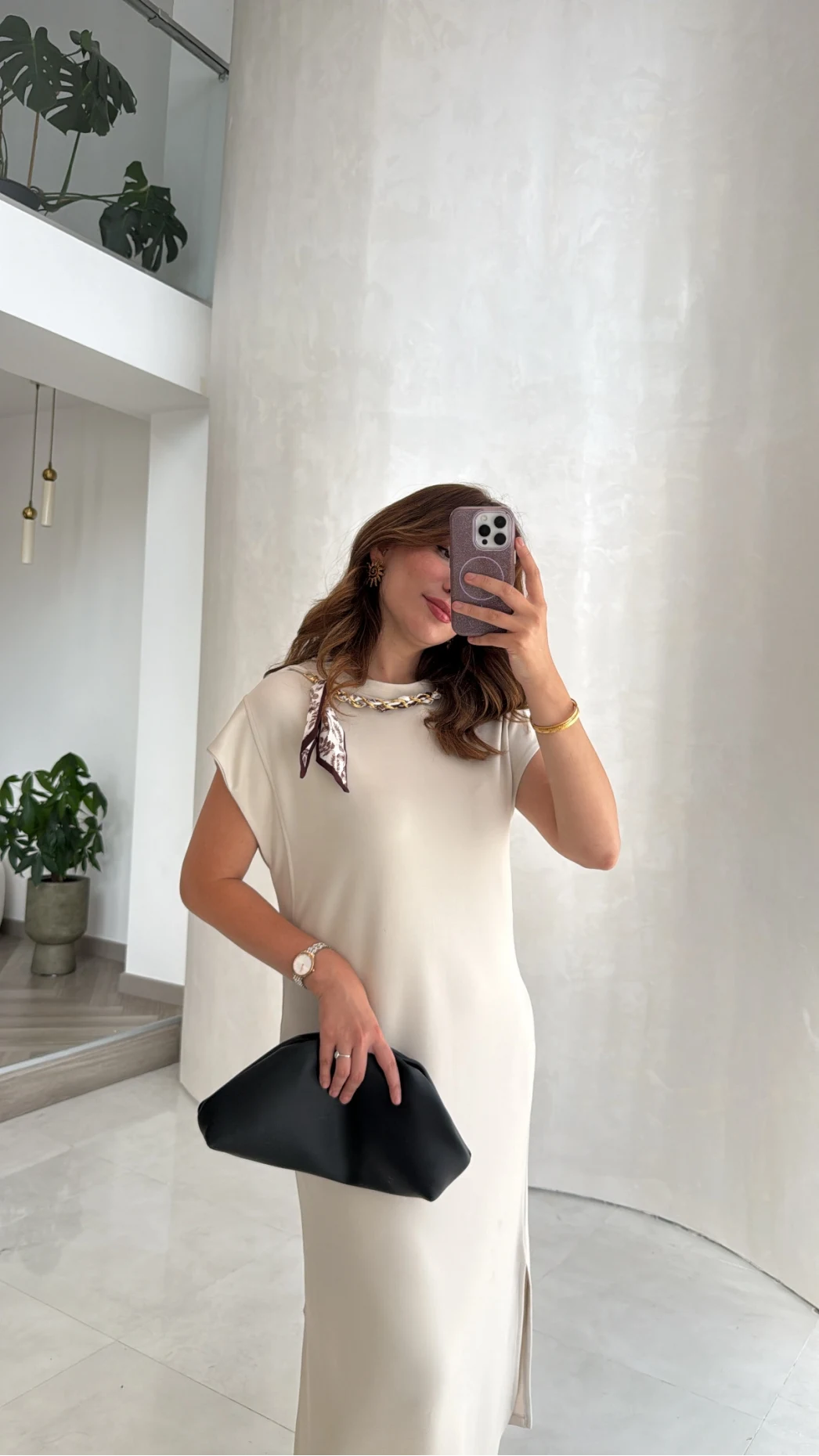 Fularlı Zincir Detay Elbise - Taş - Kod: 4163