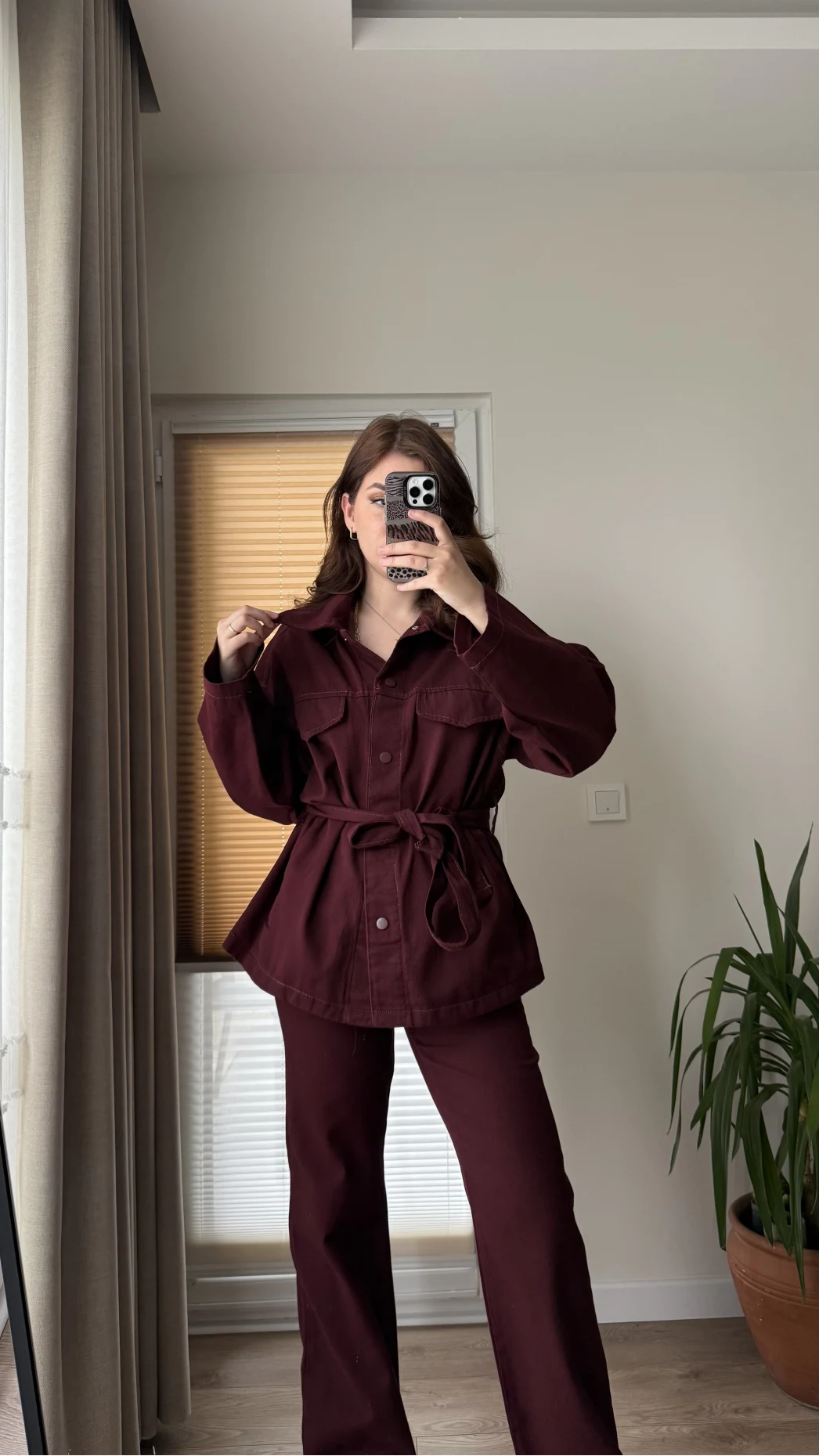 Gabardin Kuşaklı Ceket Takım - Bordo