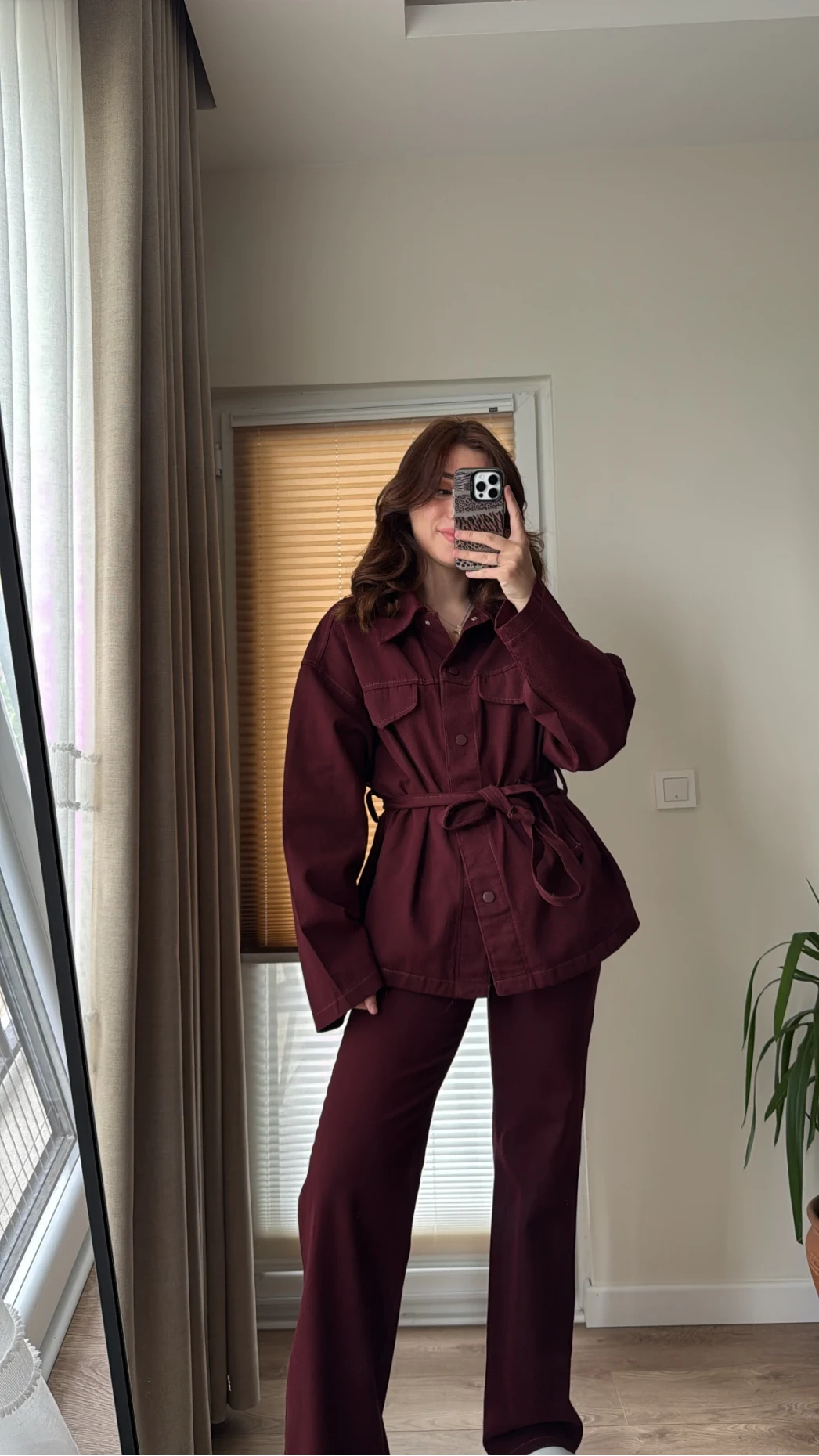 Gabardin Kuşaklı Ceket Takım - Bordo