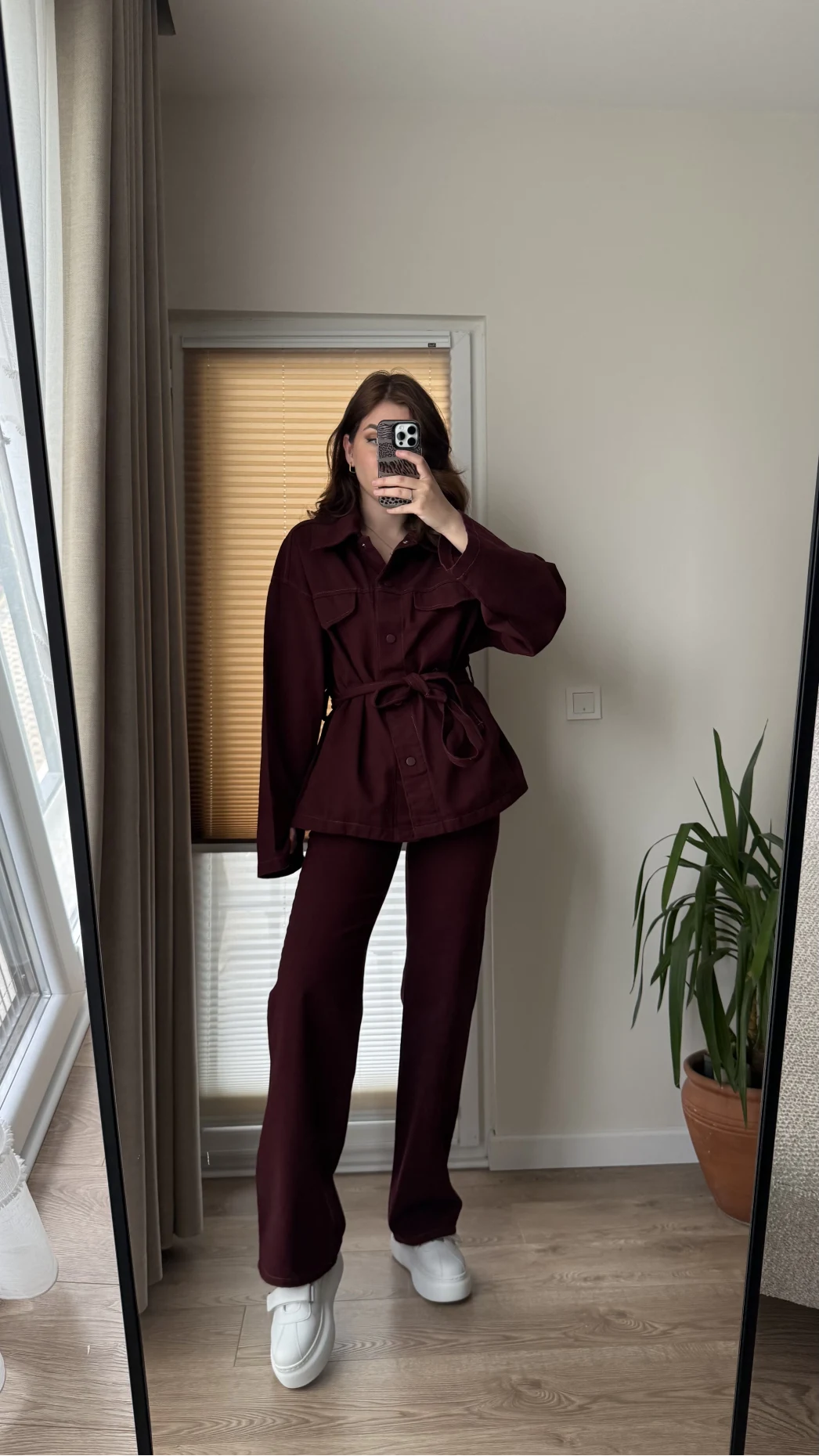 Gabardin Kuşaklı Ceket Takım - Bordo