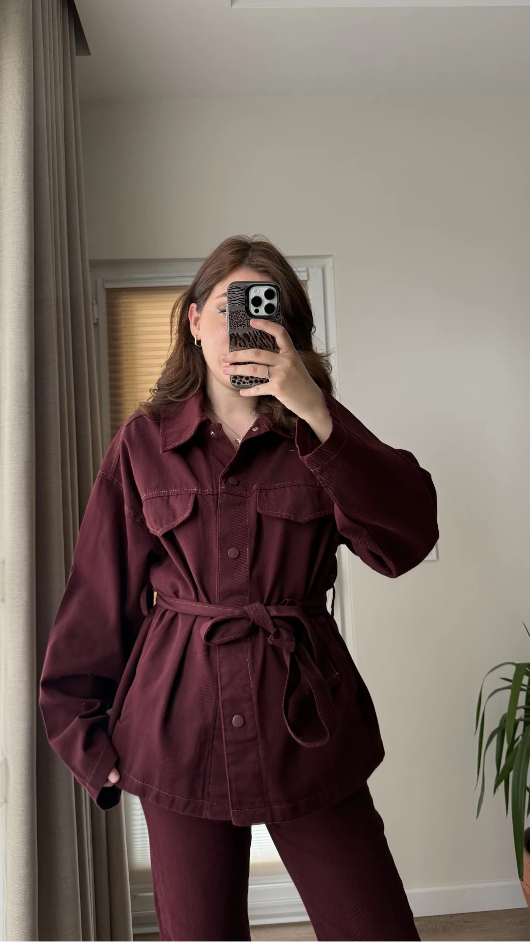 Gabardin Kuşaklı Ceket Takım - Bordo