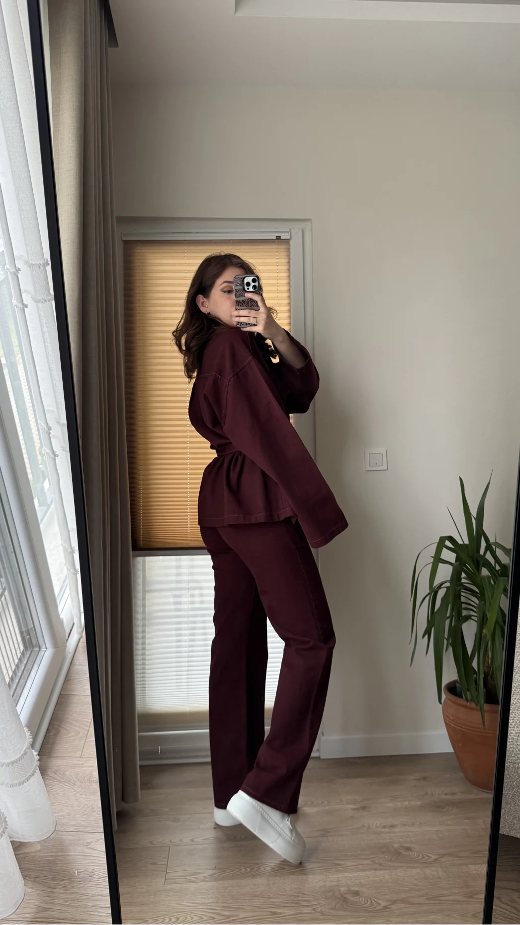 Gabardin Kuşaklı Ceket Takım - Bordo
