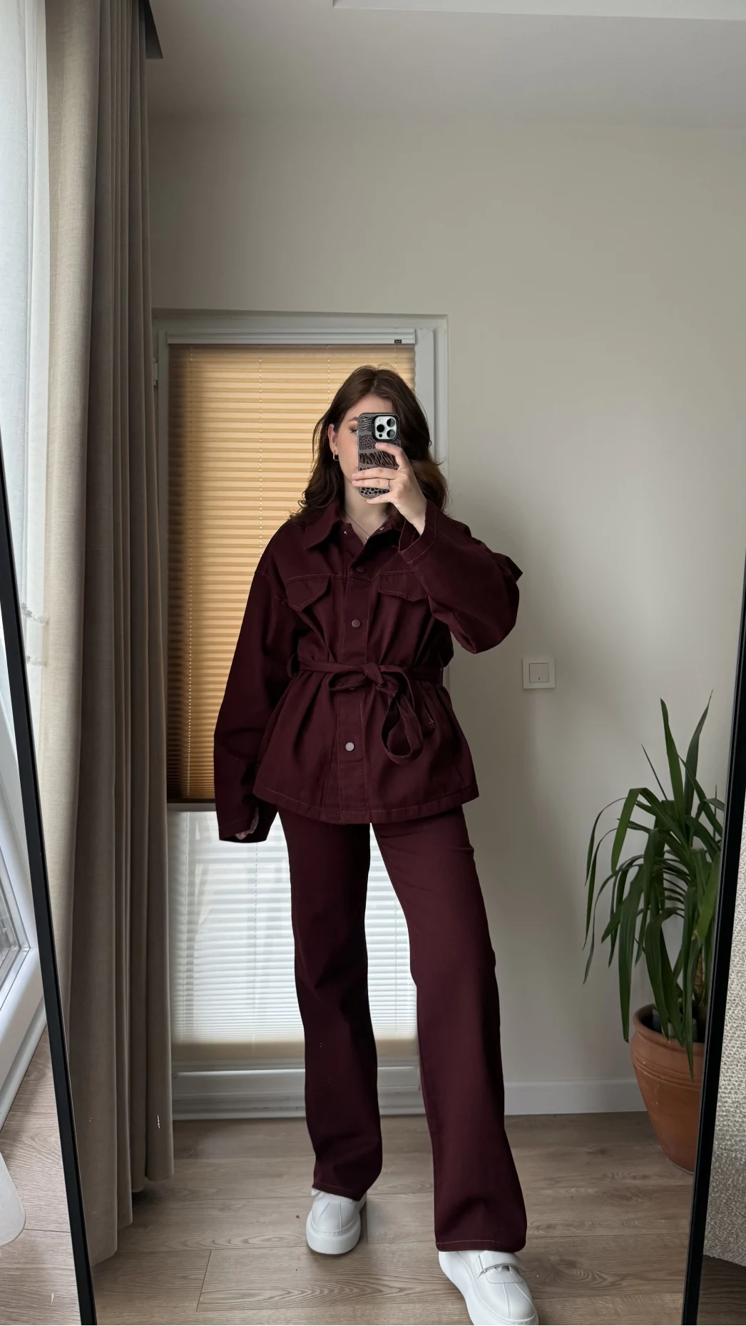 Gabardin Kuşaklı Ceket Takım - Bordo