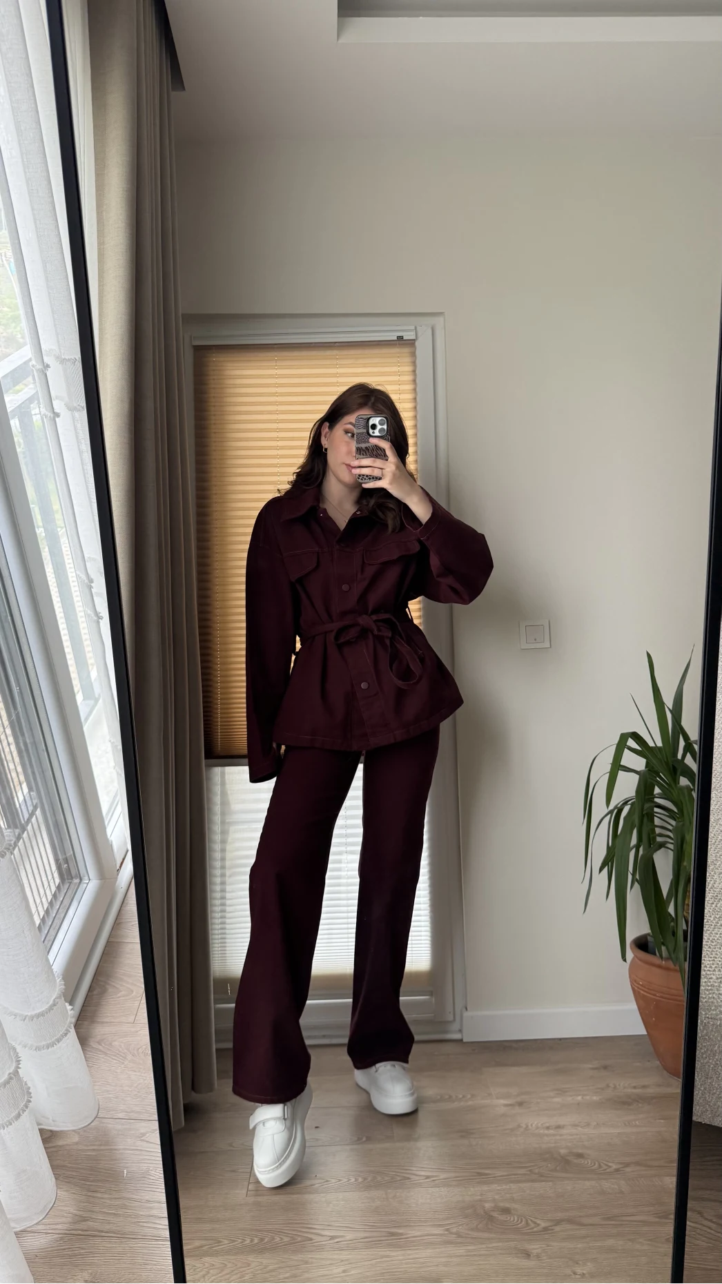 Gabardin Kuşaklı Ceket Takım - Bordo