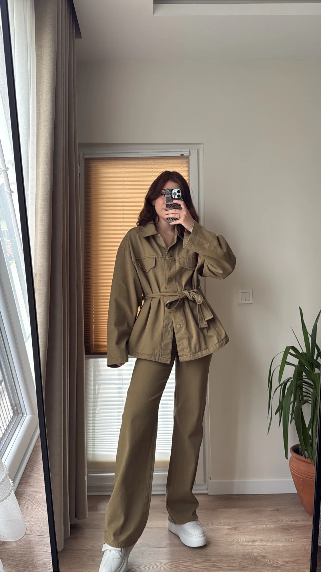 Gabardin Kuşaklı Ceket Takım - Haki