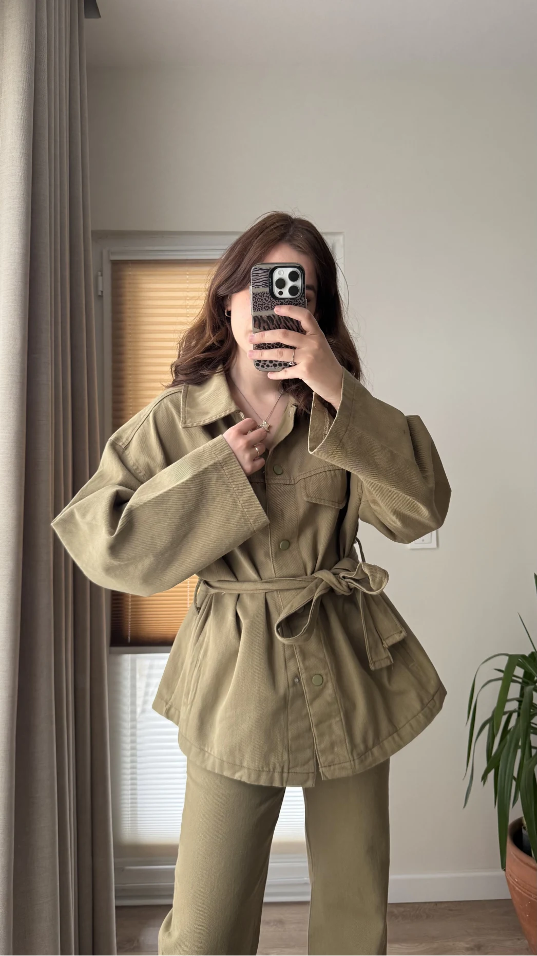 Gabardin Kuşaklı Ceket Takım - Haki