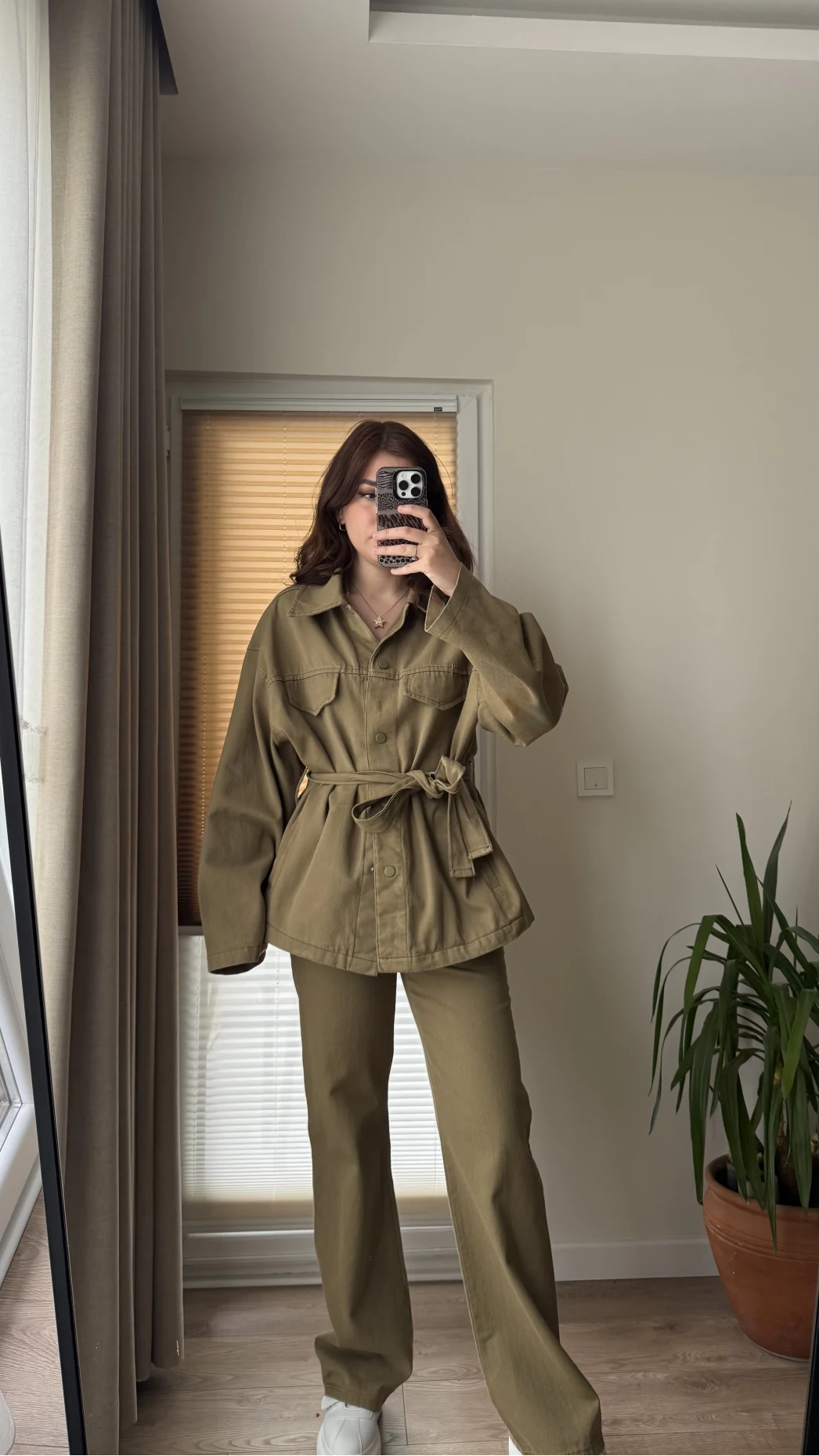 Gabardin Kuşaklı Ceket Takım - Haki
