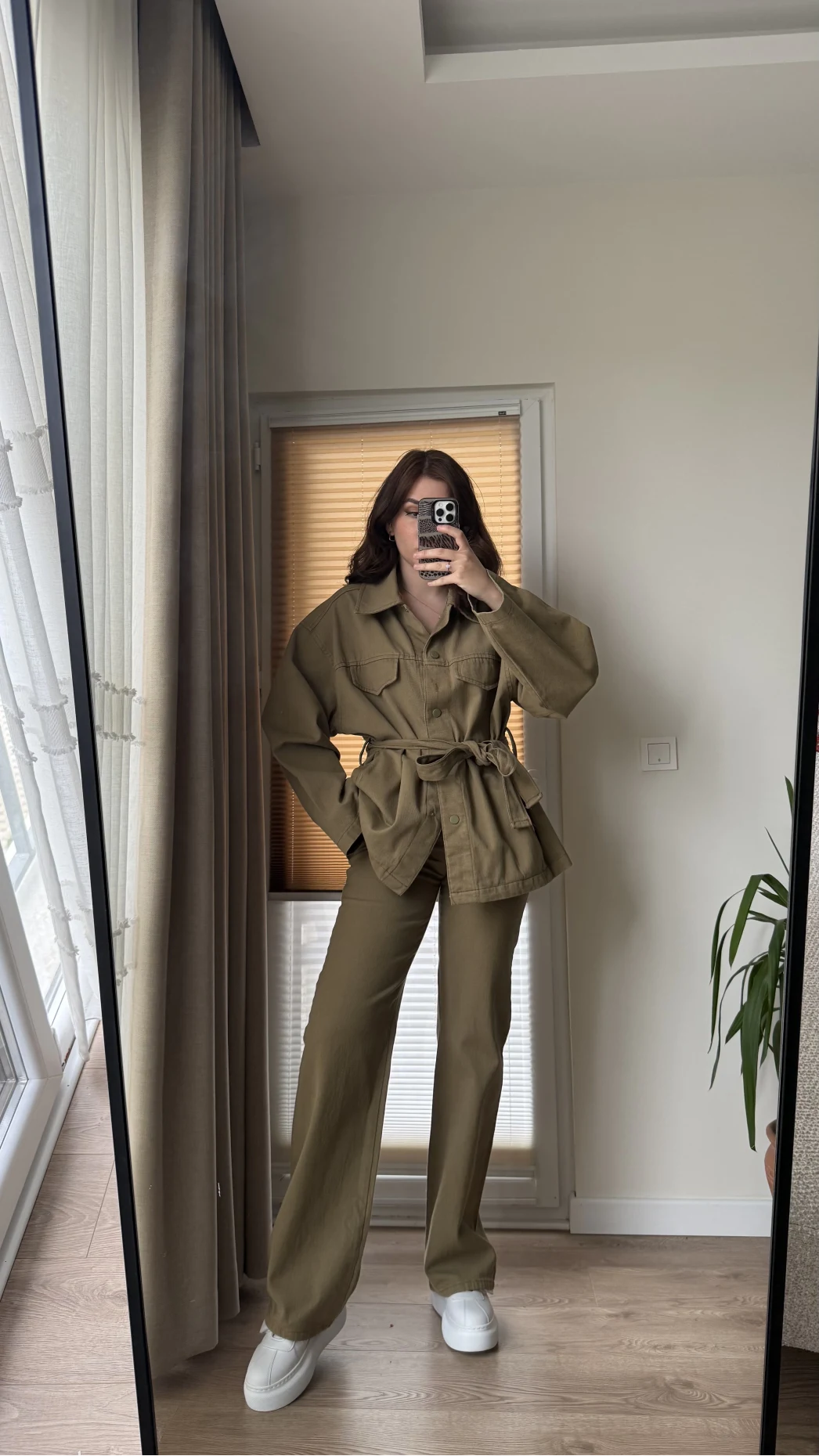 Gabardin Kuşaklı Ceket Takım - Haki
