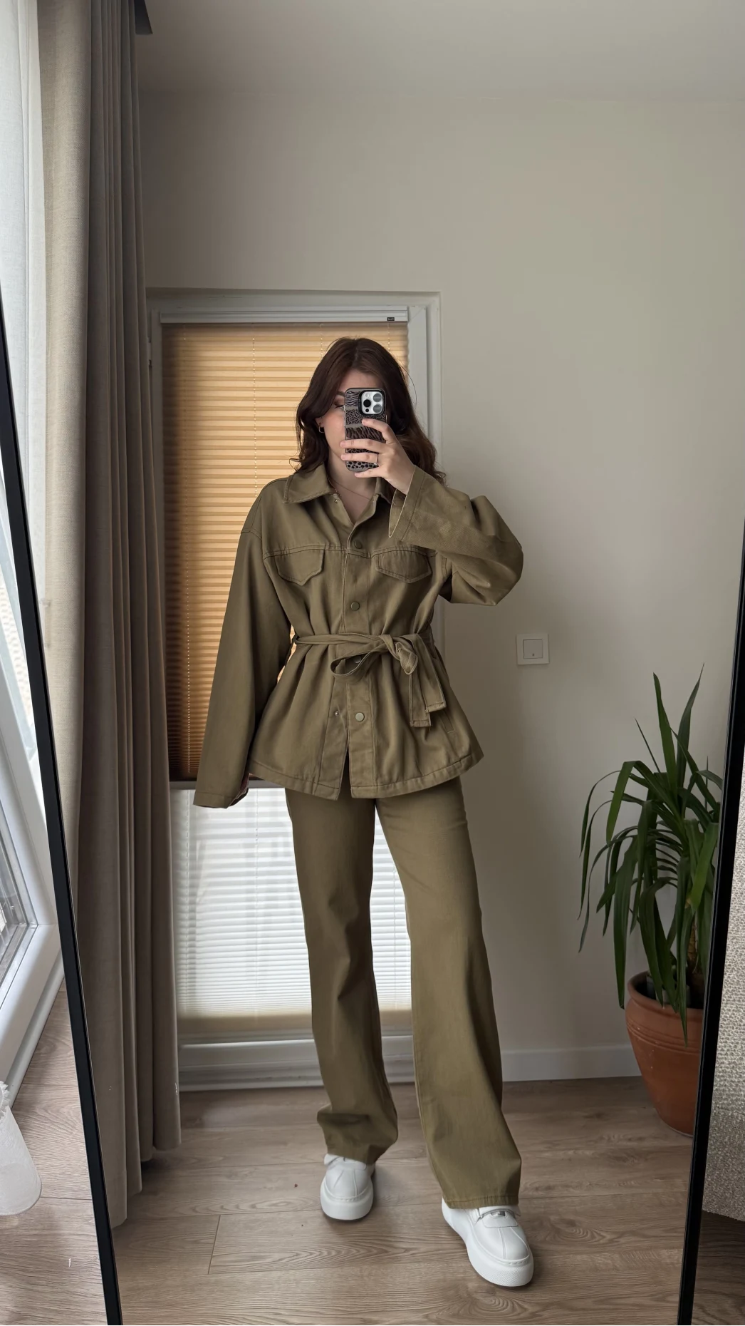 Gabardin Kuşaklı Ceket Takım - Haki
