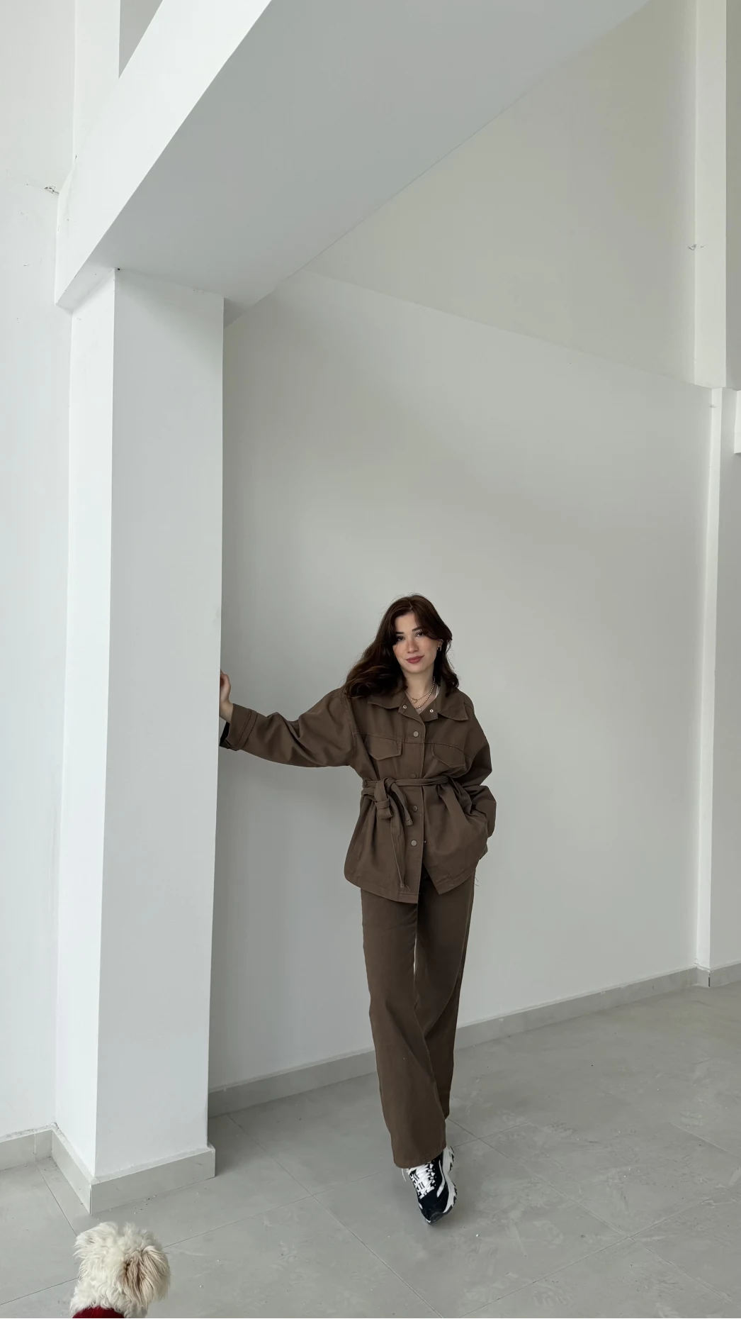 Gabardin Kuşaklı Ceket Takım - Kahve