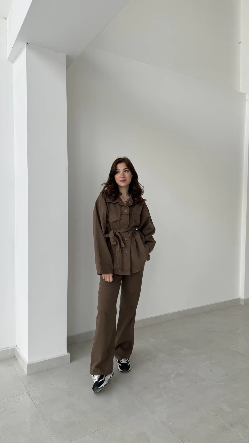 Gabardin Kuşaklı Ceket Takım - Kahve