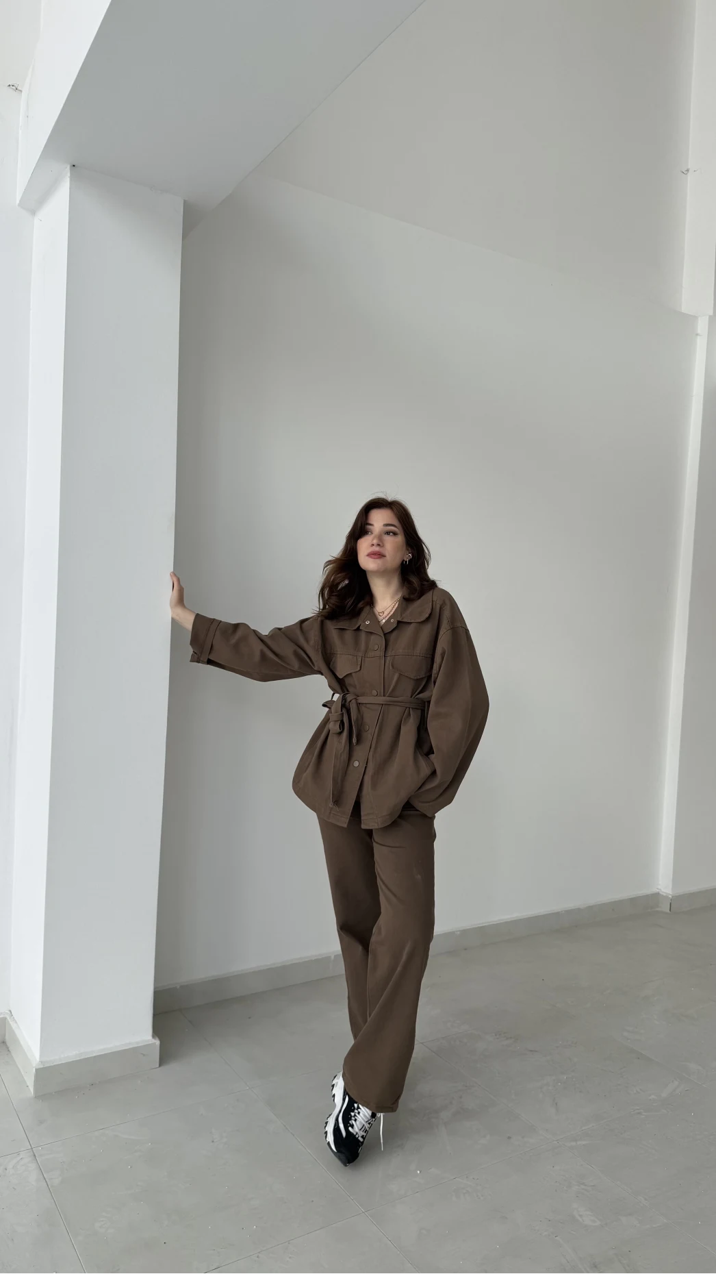 Gabardin Kuşaklı Ceket Takım - Kahve