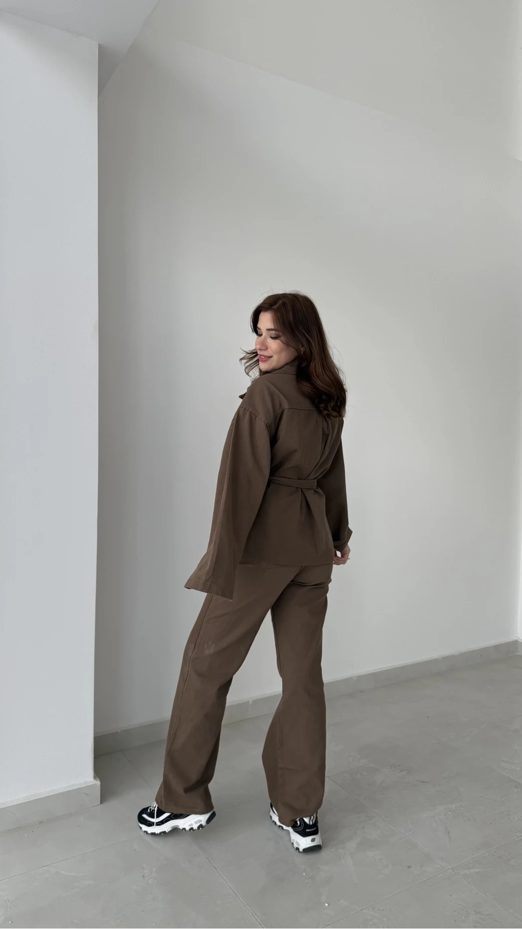Gabardin Kuşaklı Ceket Takım - Kahve
