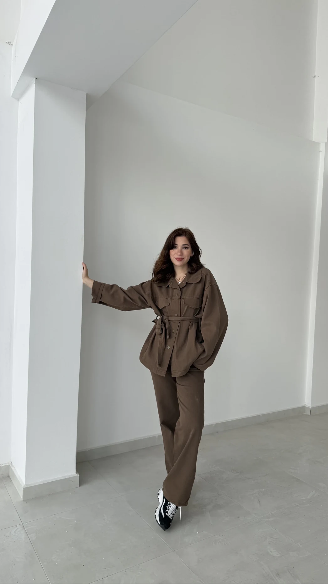 Gabardin Kuşaklı Ceket Takım - Kahve