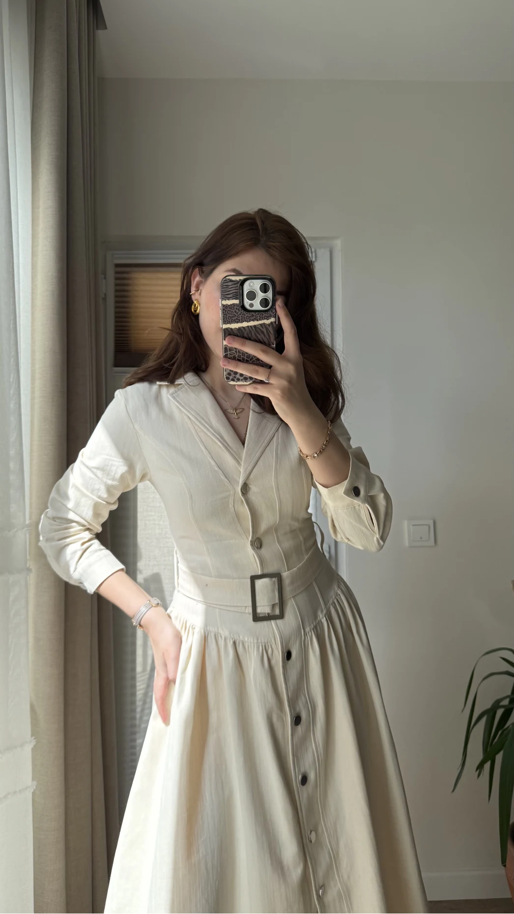 Gabardin Kuşaklı Prenses Elbise Krem