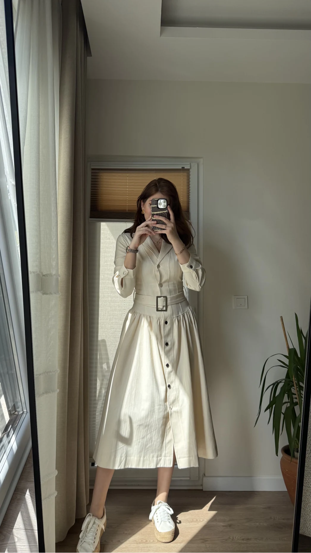 Gabardin Kuşaklı Prenses Elbise Krem