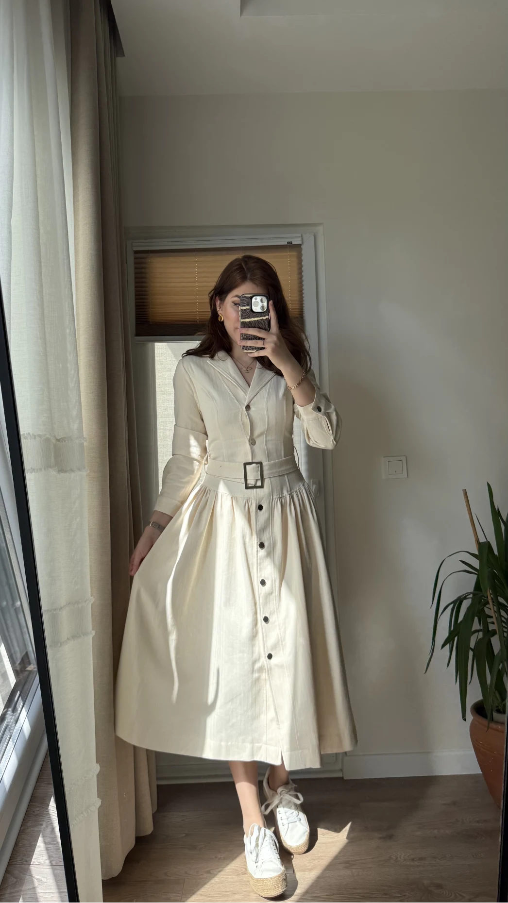 Gabardin Kuşaklı Prenses Elbise Krem