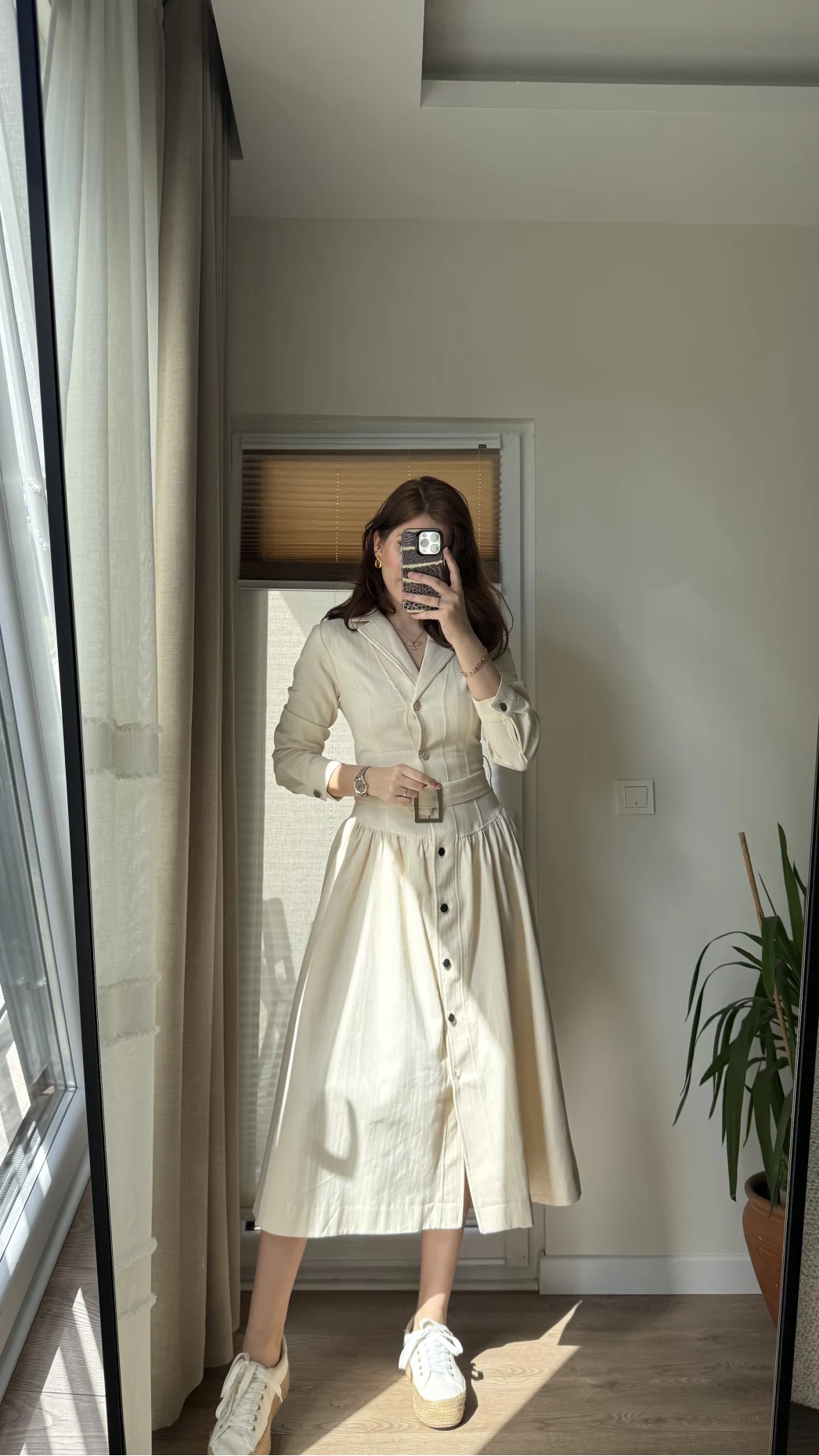 Gabardin Kuşaklı Prenses Elbise Krem