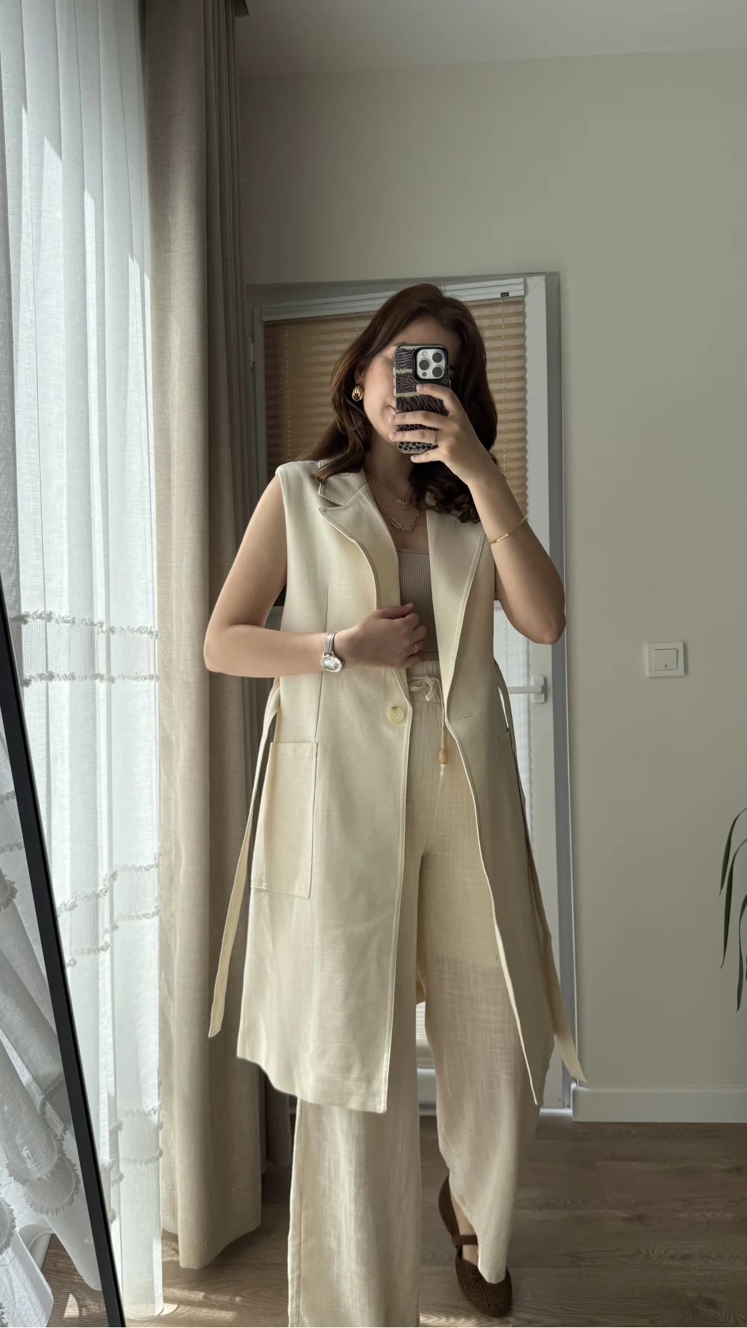 Gabardin Uzun Kuşaklı Yelek