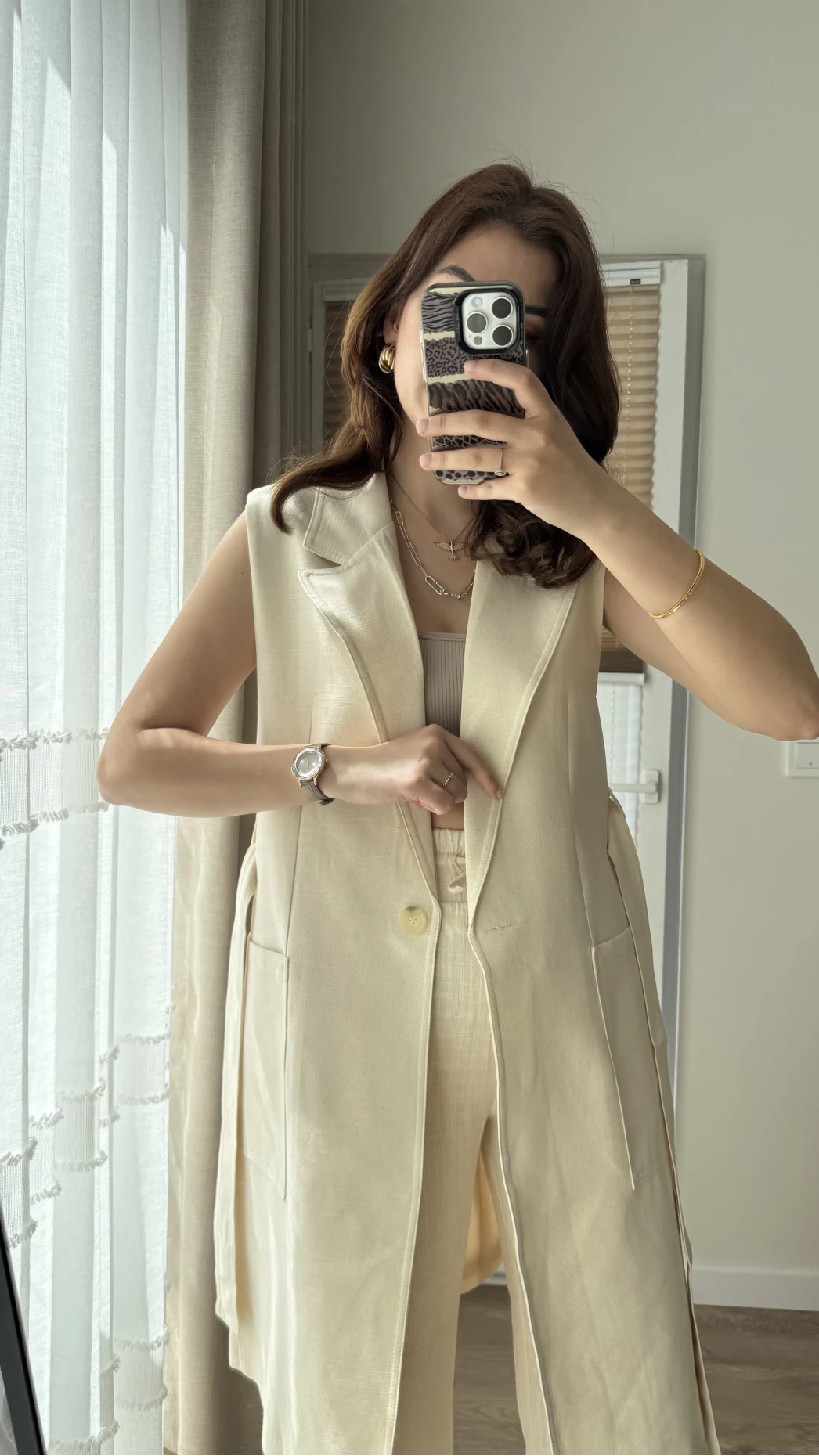 Gabardin Uzun Kuşaklı Yelek