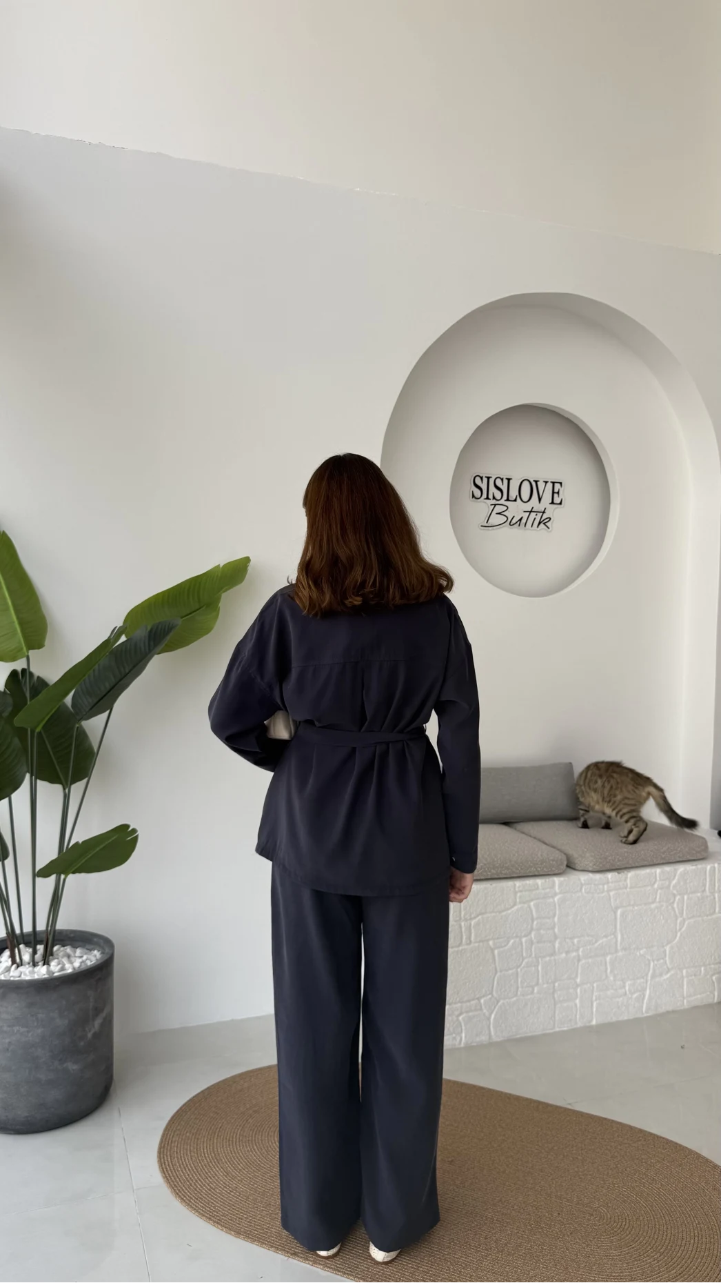 Gabriela Kuşaklı Gömlek Pantolon Takım - Lacivert