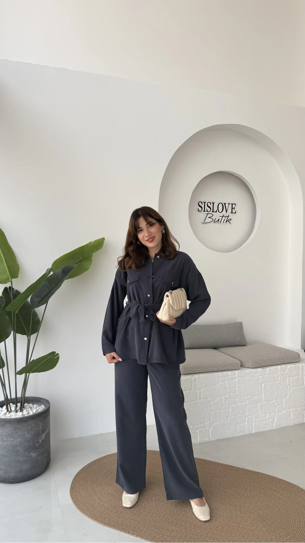 Gabriela Kuşaklı Gömlek Pantolon Takım - Lacivert