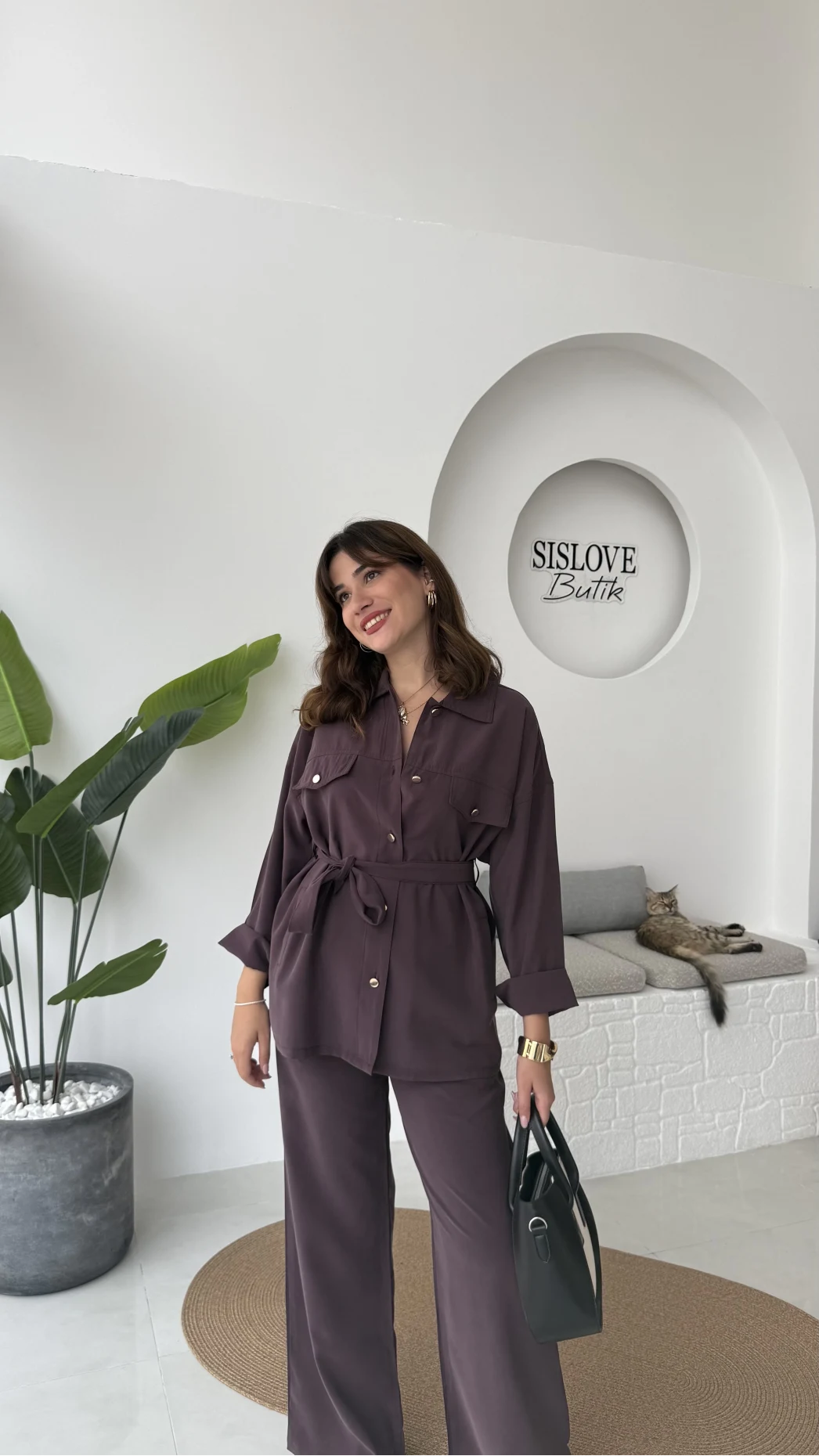 Gabriela Kuşaklı Gömlek Pantolon Takım - Mürdüm