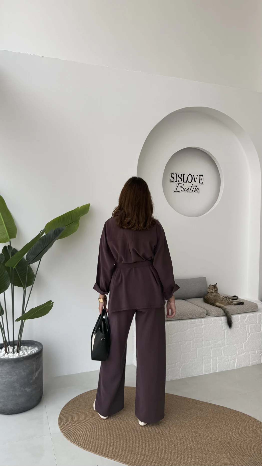 Gabriela Kuşaklı Gömlek Pantolon Takım - Mürdüm