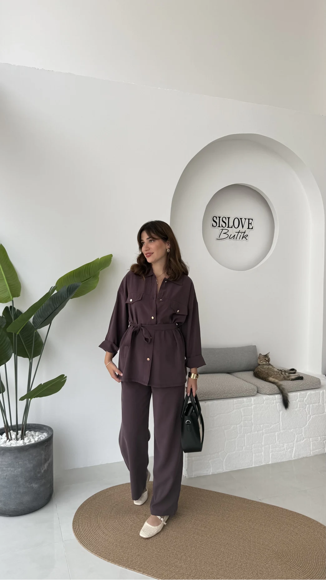 Gabriela Kuşaklı Gömlek Pantolon Takım - Mürdüm