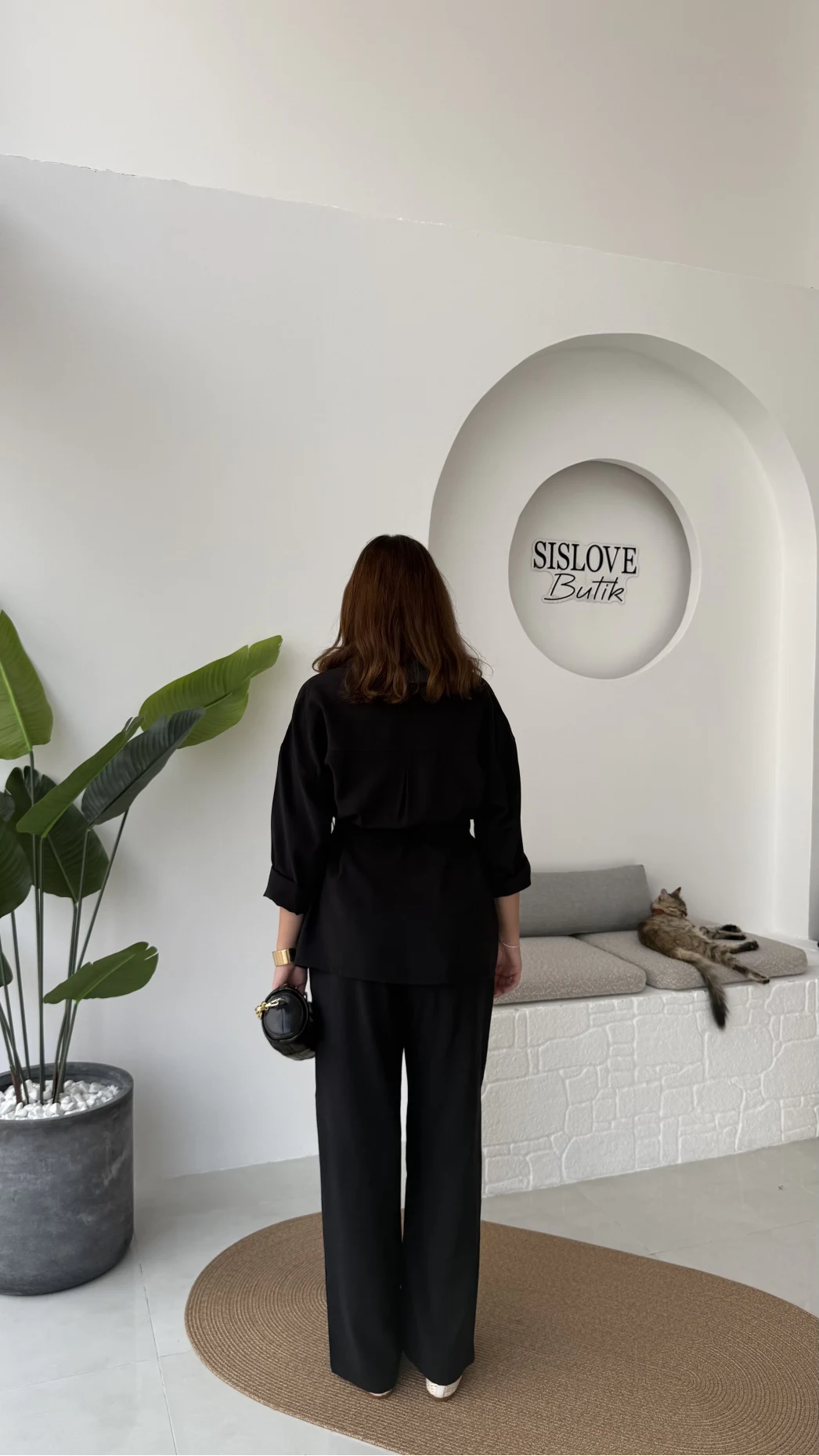 Gabriela Kuşaklı Gömlek Pantolon Takım - Siyah